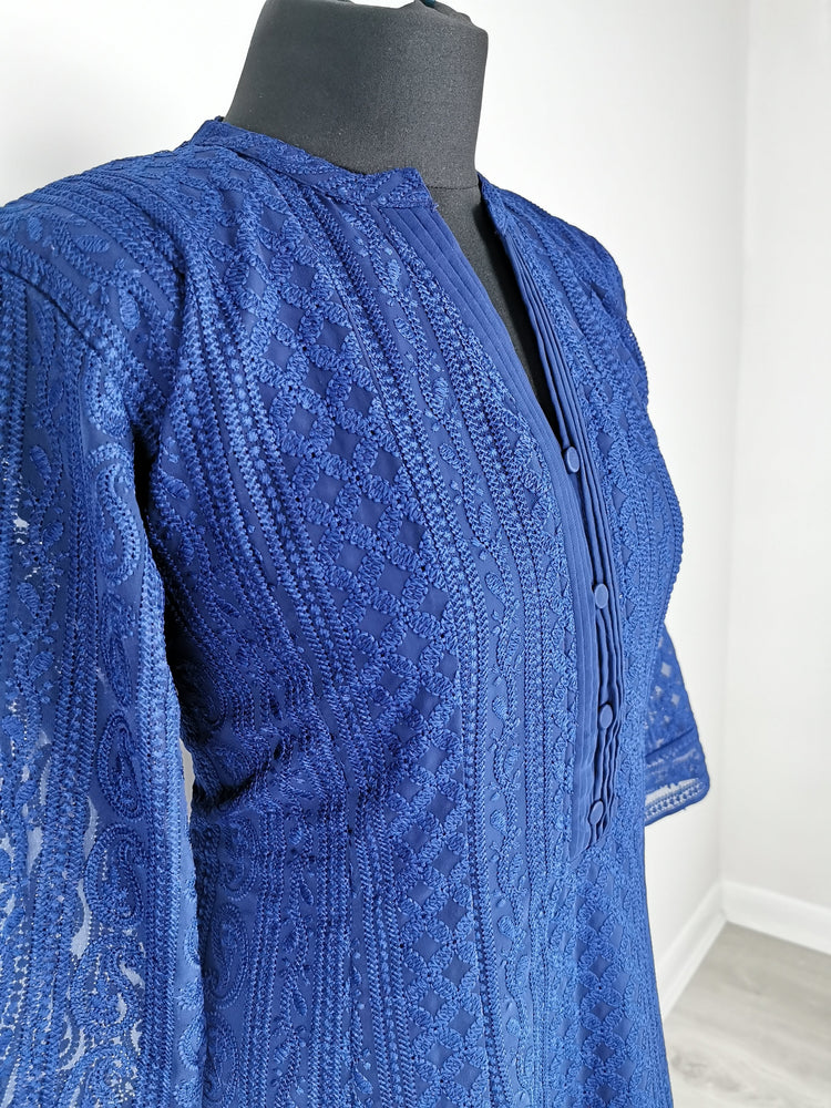 Sherni London Royal Blue Chikankari Kurti Dress in georgette with threadwork embroidery and long sleeves