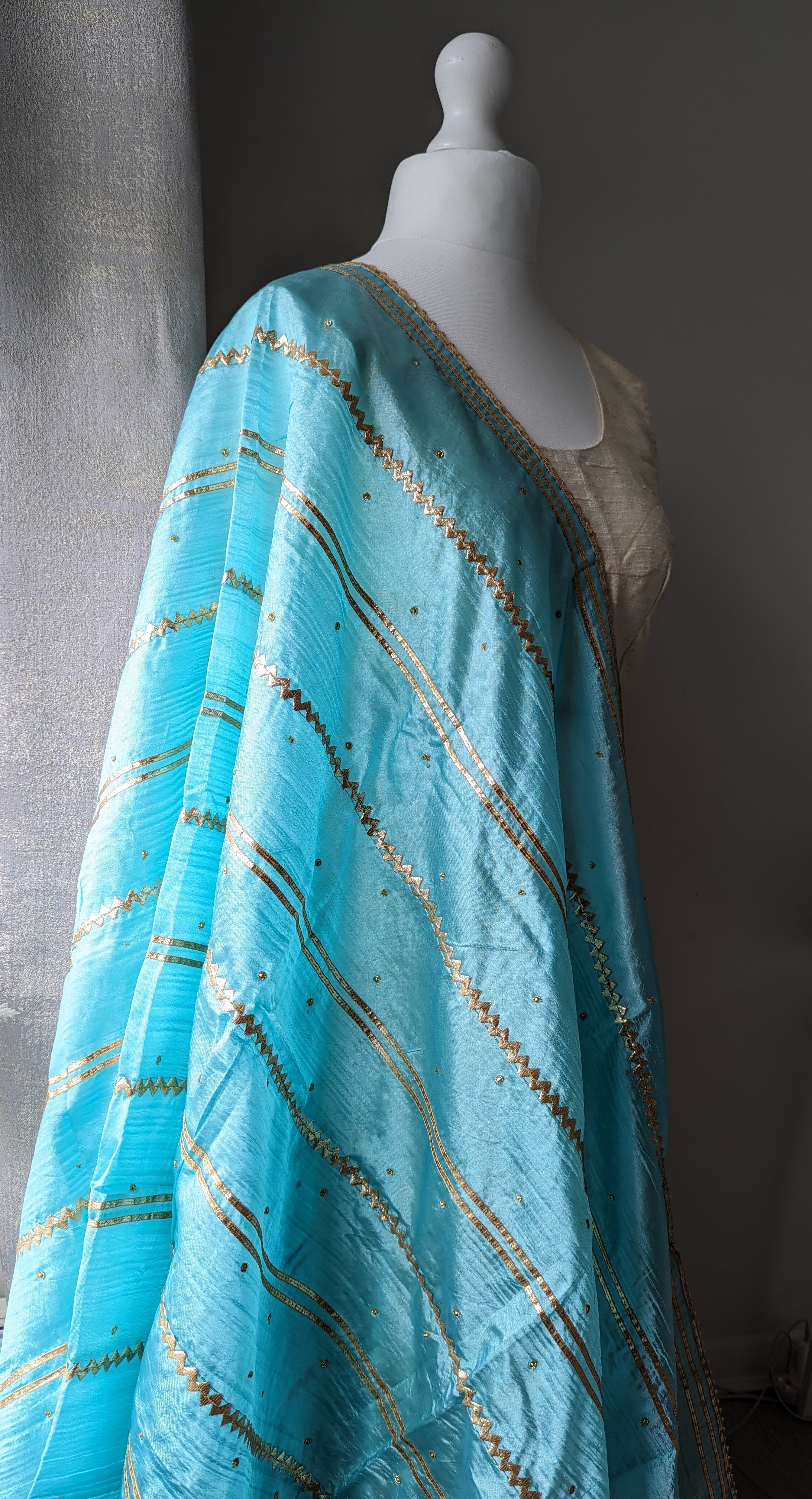 Blue Silk Dupatta (Shawl) with Gota Embroidery