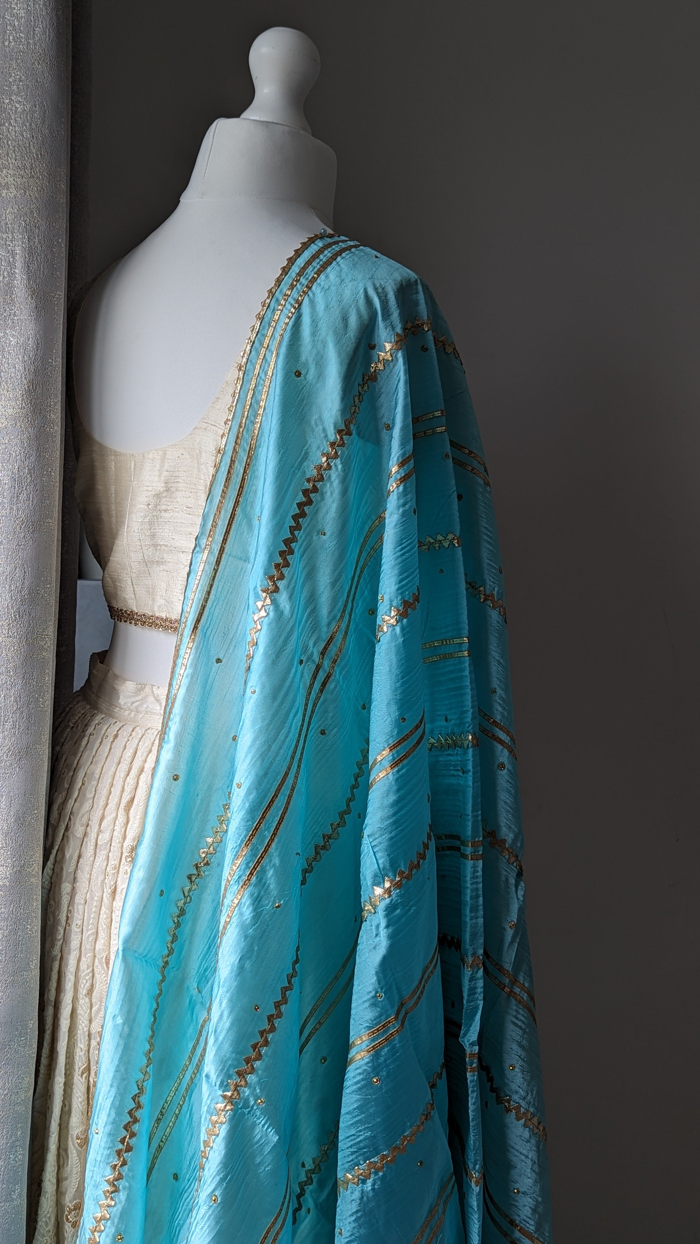 Blue Silk Dupatta (Shawl) with Gota Embroidery