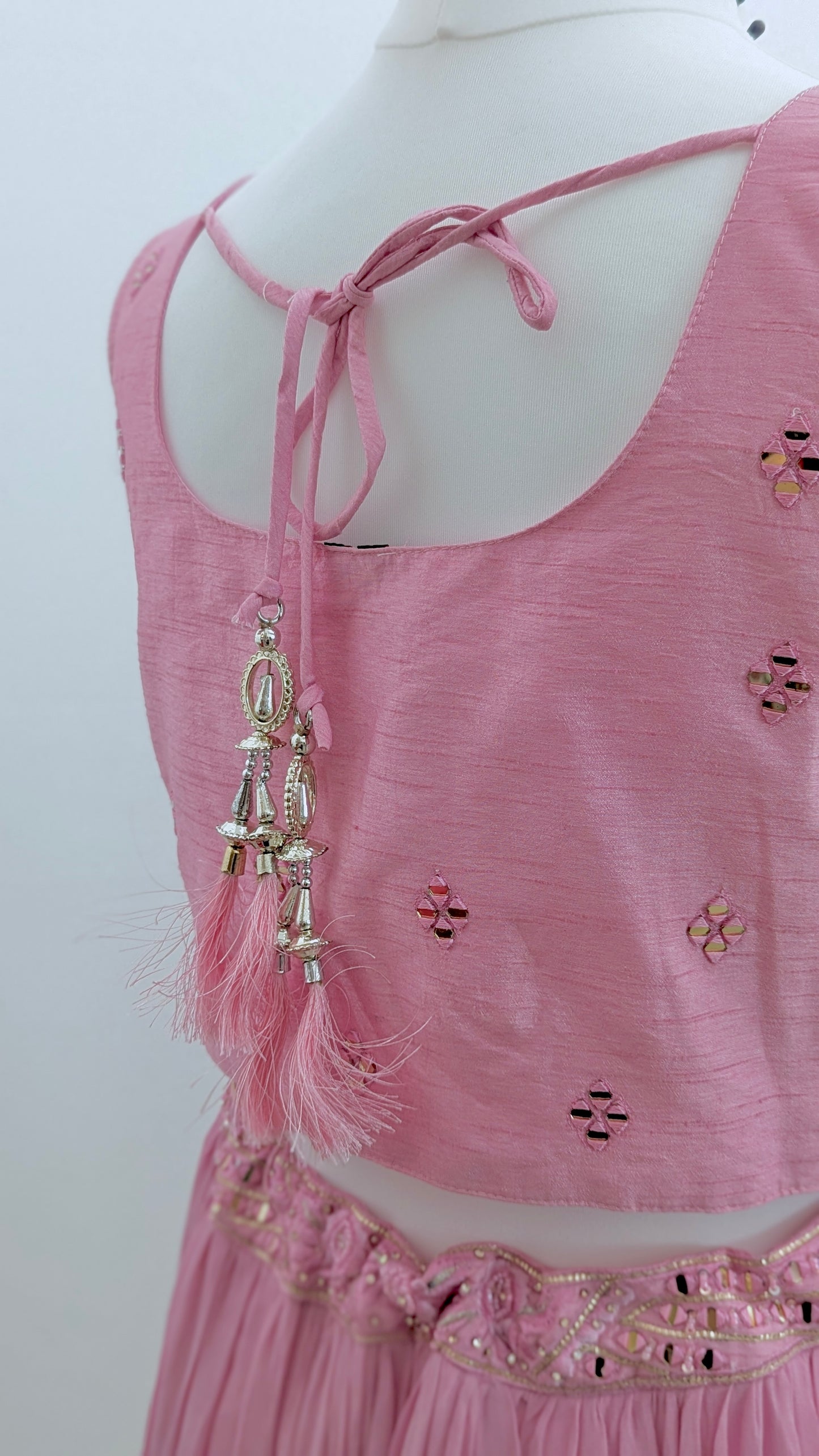 Pink ombre lehenga with delicate gold embroidery in soft georgette with a net dupatta