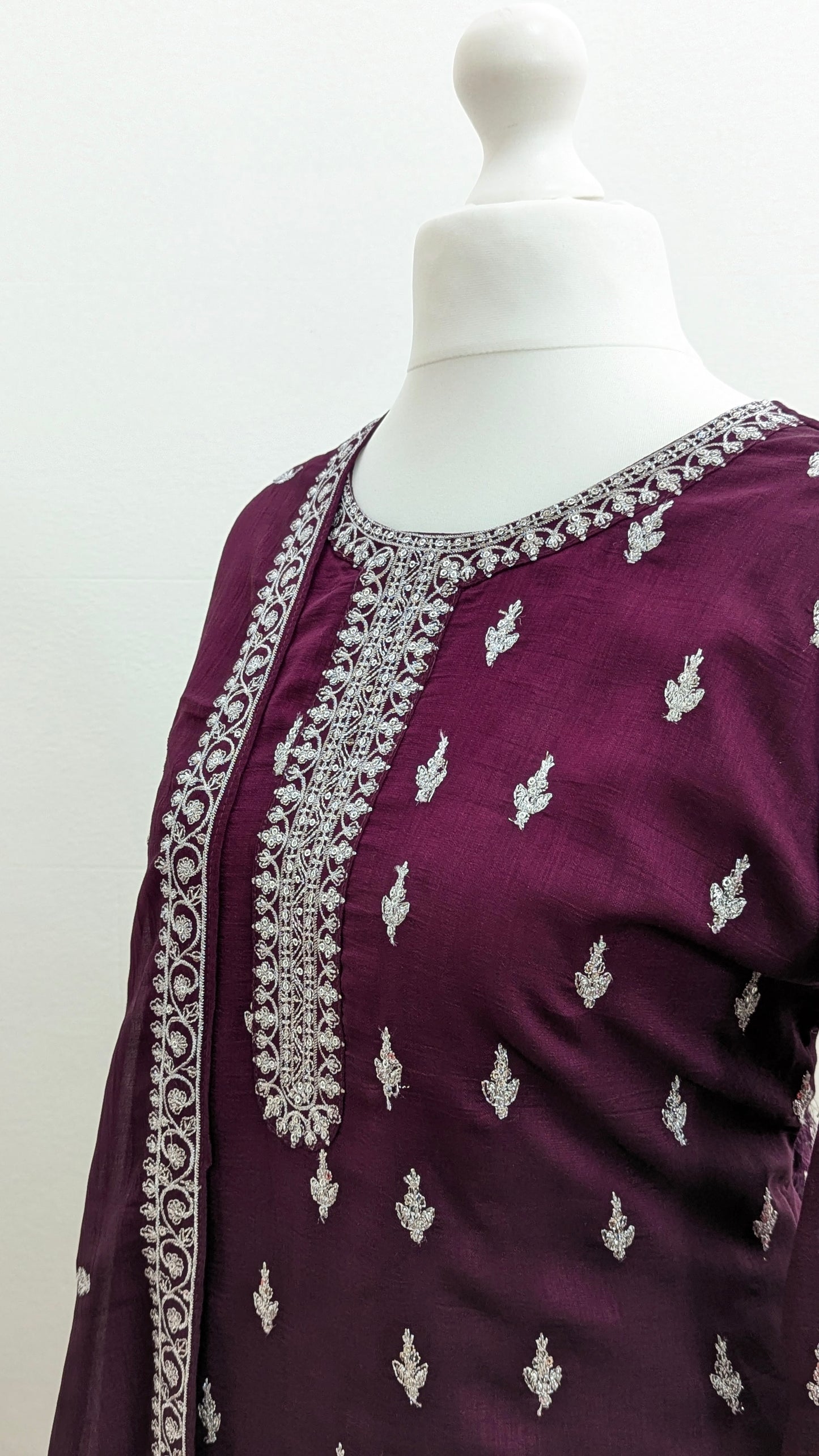 Burgundy purple Sherni London traditional gharara suit set with silver embroidery and georgette dupatta