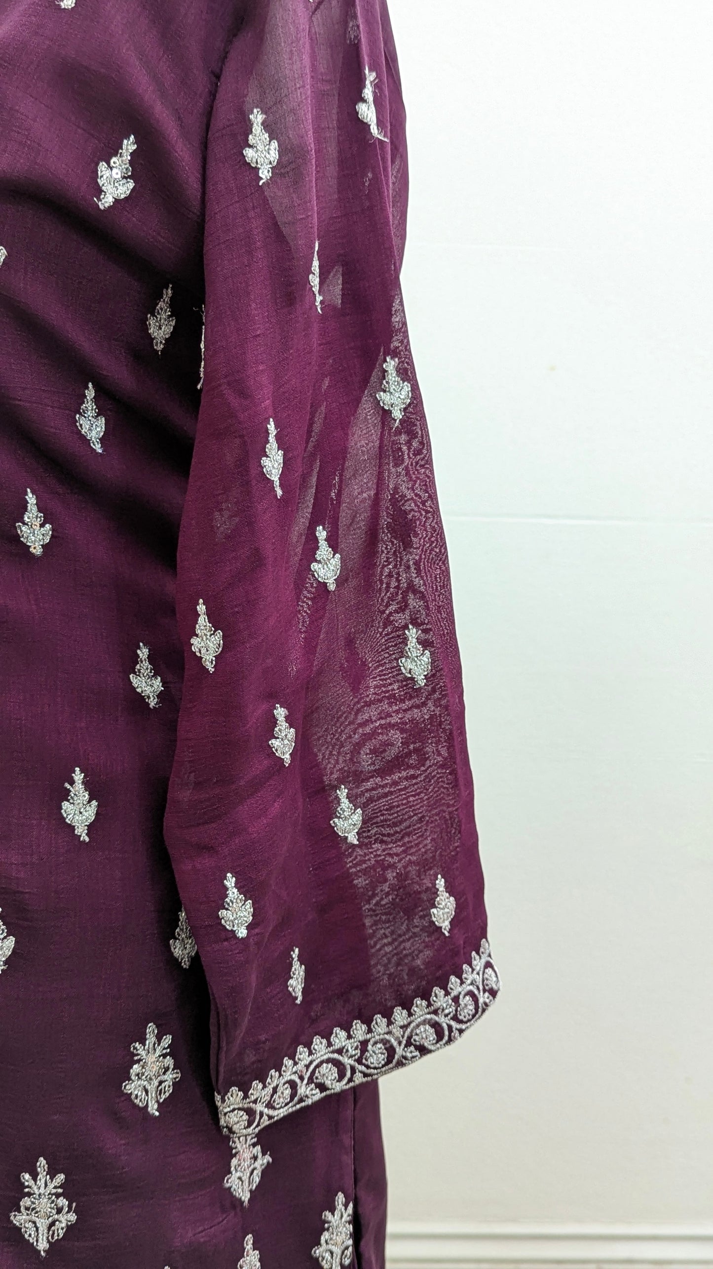 Burgundy purple Sherni London traditional gharara suit set with silver embroidery and georgette dupatta