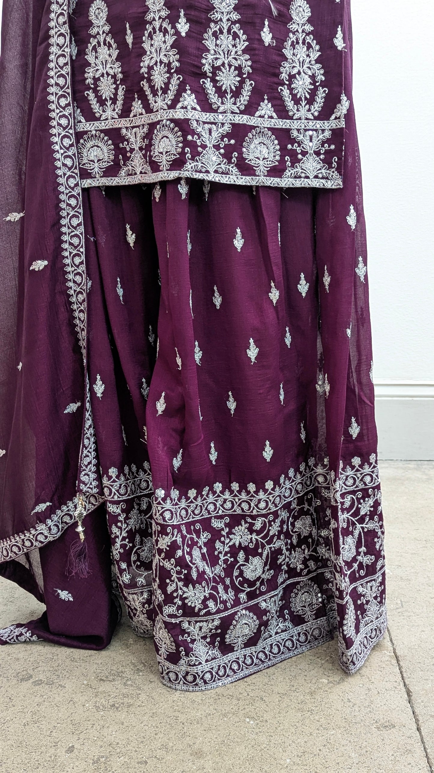 Burgundy purple Sherni London traditional gharara suit set with silver embroidery and georgette dupatta