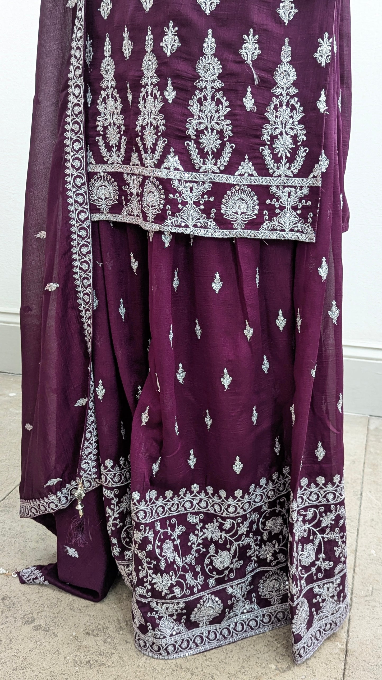 Burgundy purple Sherni London traditional gharara suit set with silver embroidery and georgette dupatta
