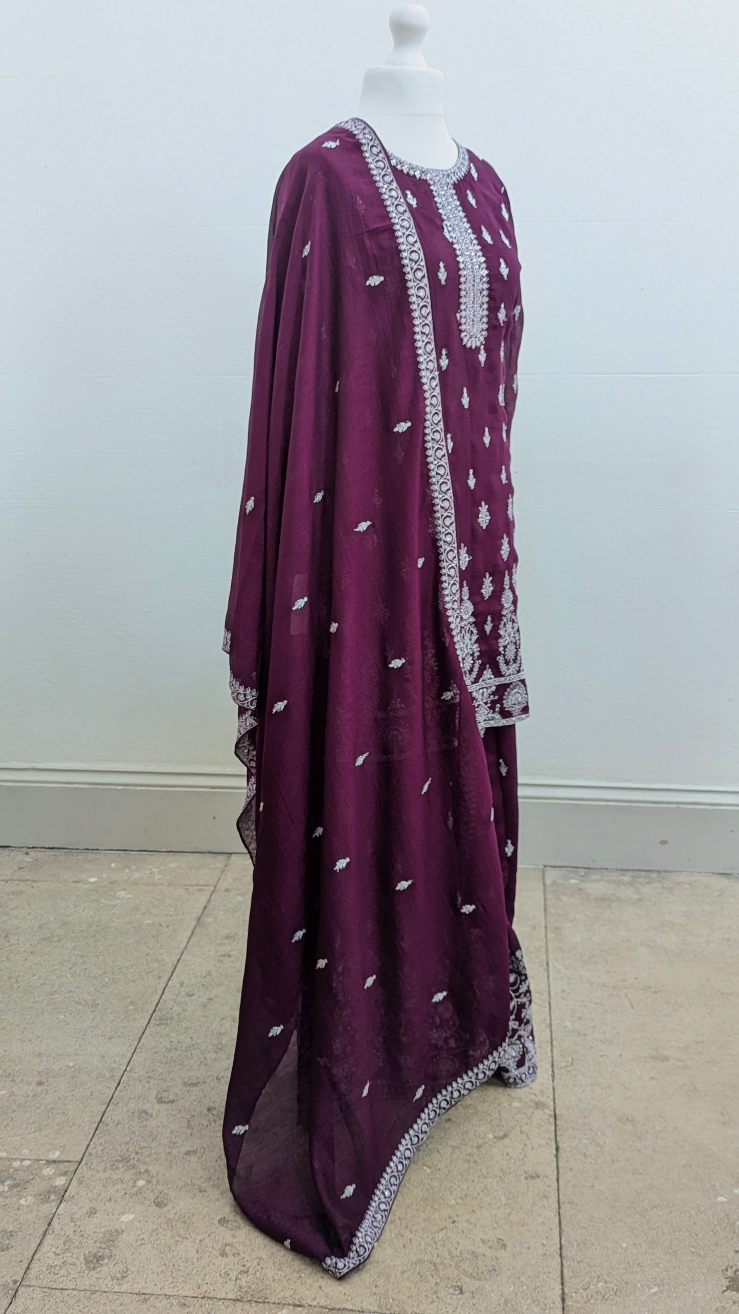 Burgundy purple Sherni London traditional gharara suit set with silver embroidery and georgette dupatta
