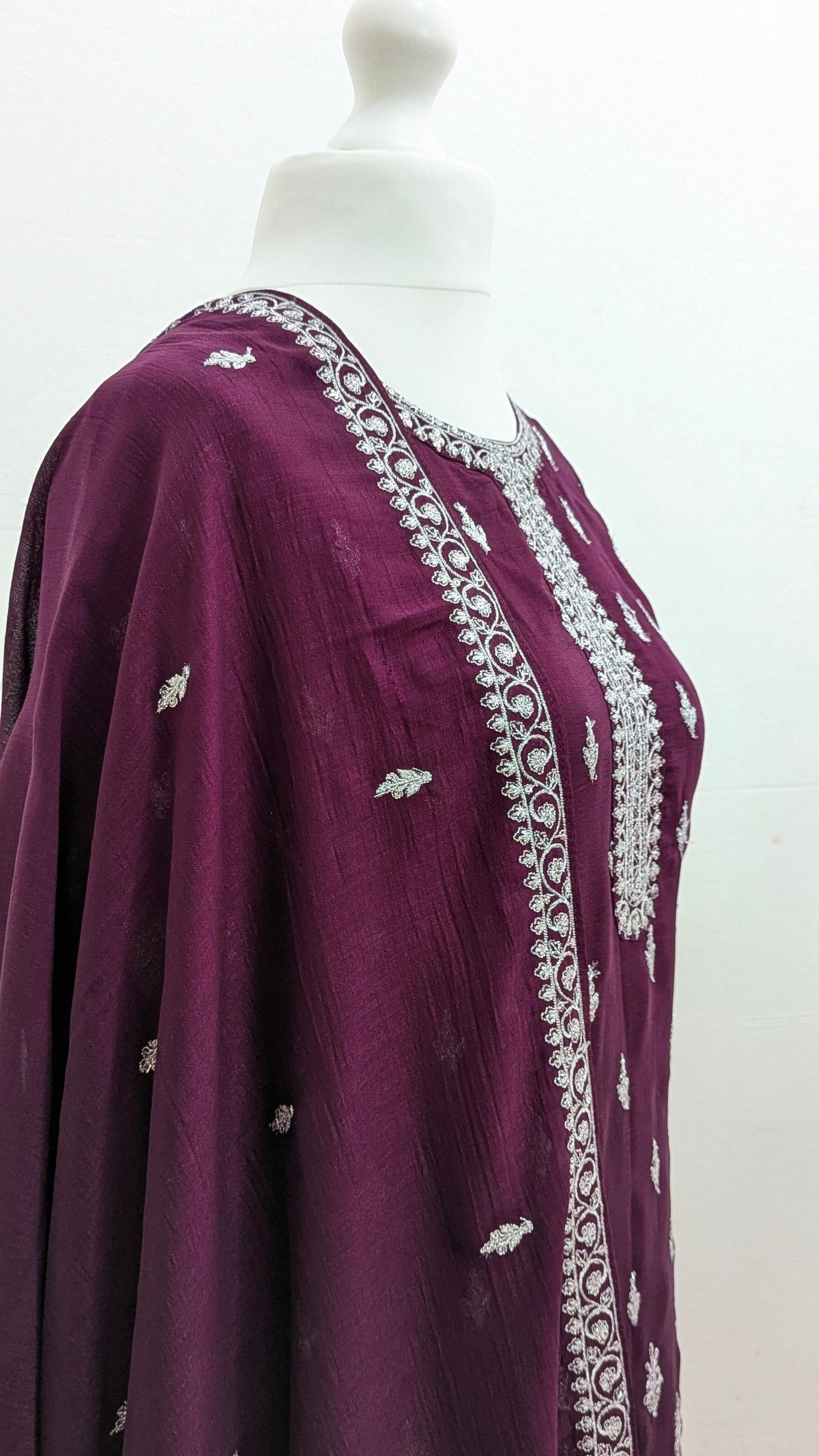 Burgundy purple Sherni London traditional gharara suit set with silver embroidery and georgette dupatta