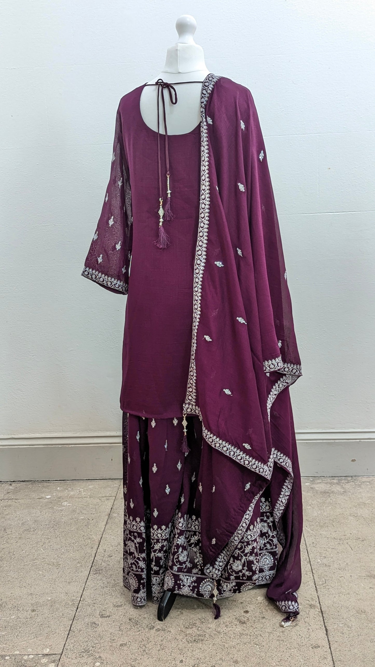 Burgundy purple Sherni London traditional gharara suit set with silver embroidery and georgette dupatta