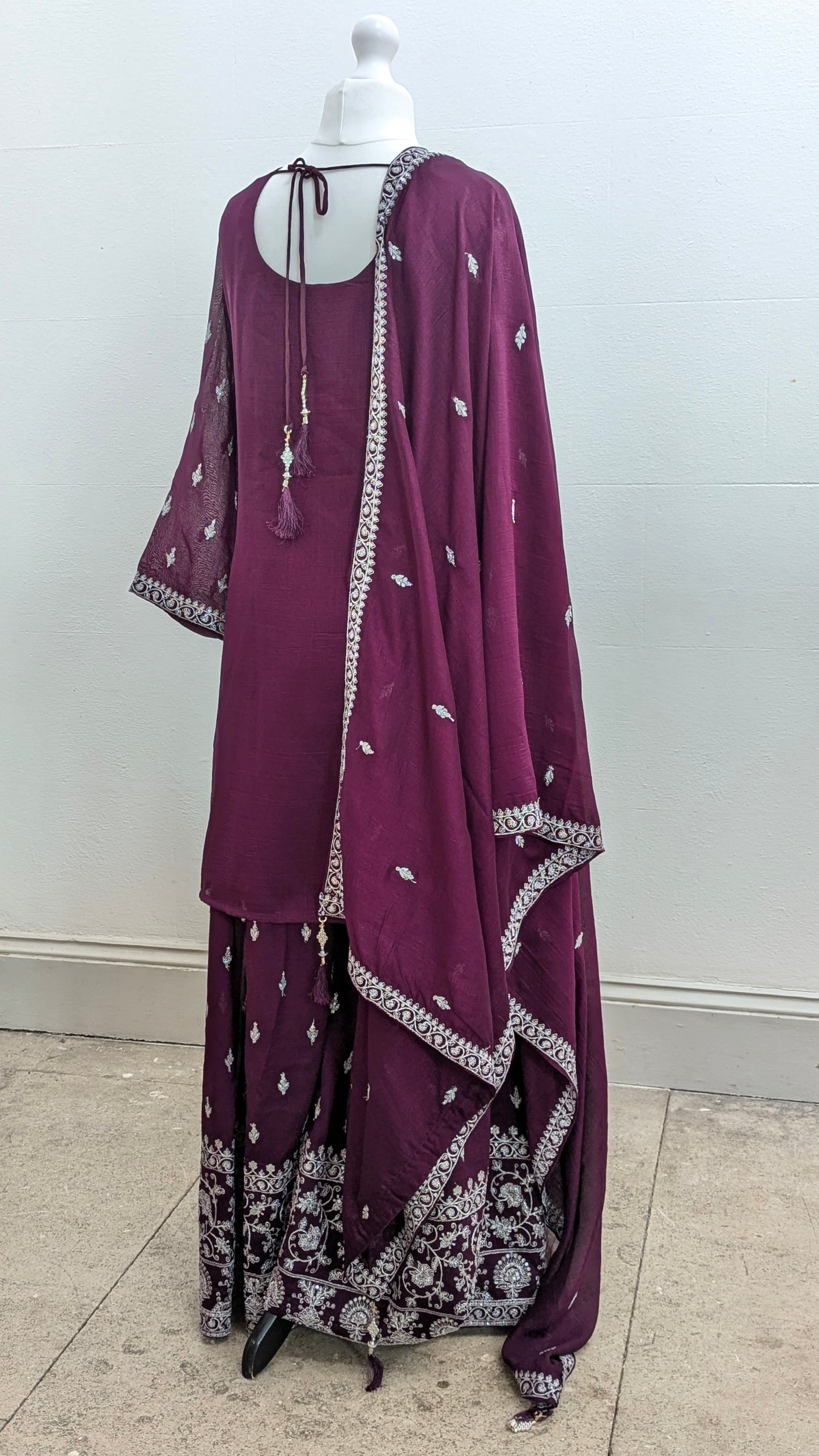 Burgundy purple Sherni London traditional gharara suit set with silver embroidery and georgette dupatta
