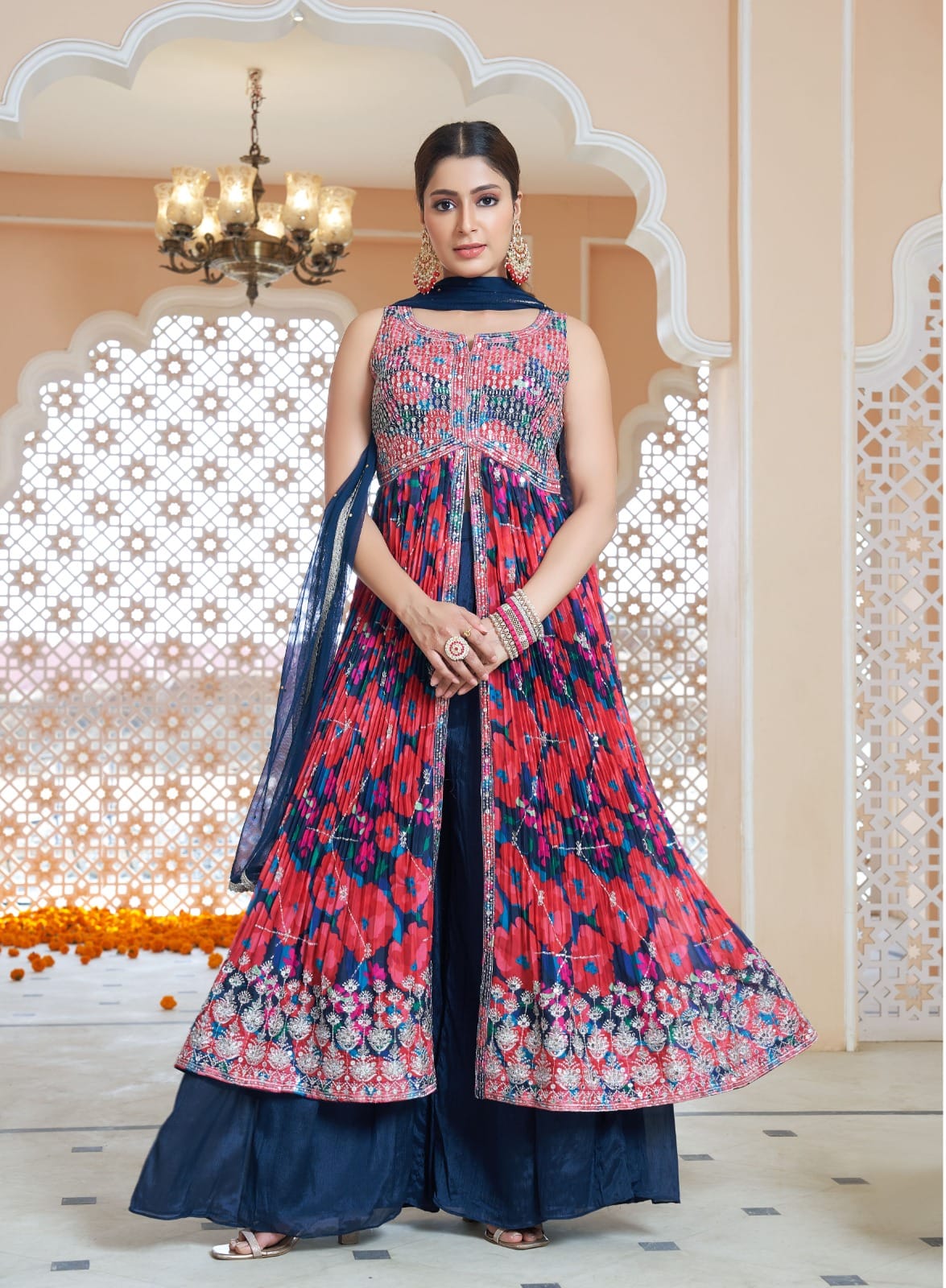 Sherni London navy floral front split jacket anarkali over sharara palazzo trousers with thin net dupatta and embroidery highlights on bodice and hem