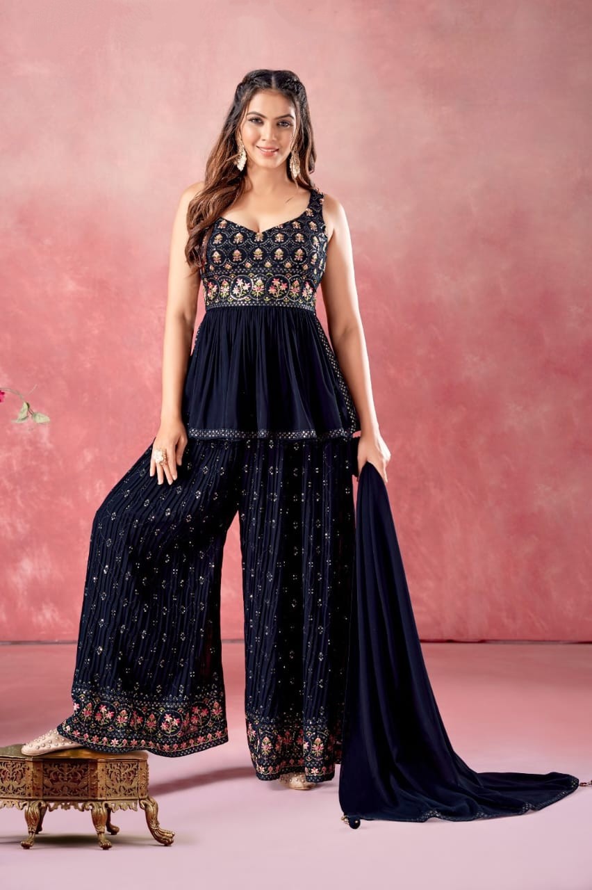 Sherni London Peplum Sharara Indian Suit with threadwork floral embroidery and dupatta