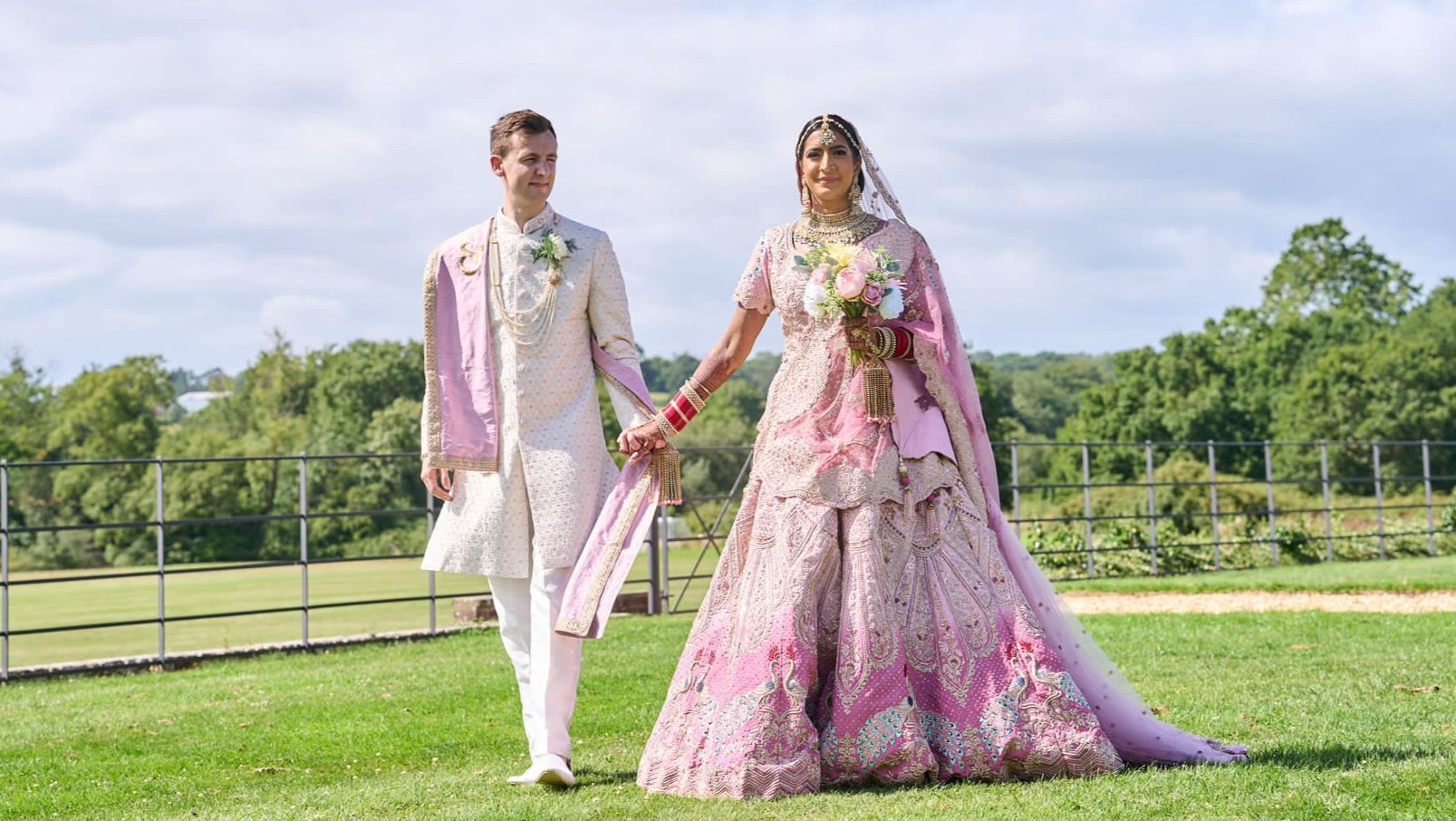 Sherni London bride peacock pink indian bridal lehenga fusion multicultural wedding double dupatta with long trail