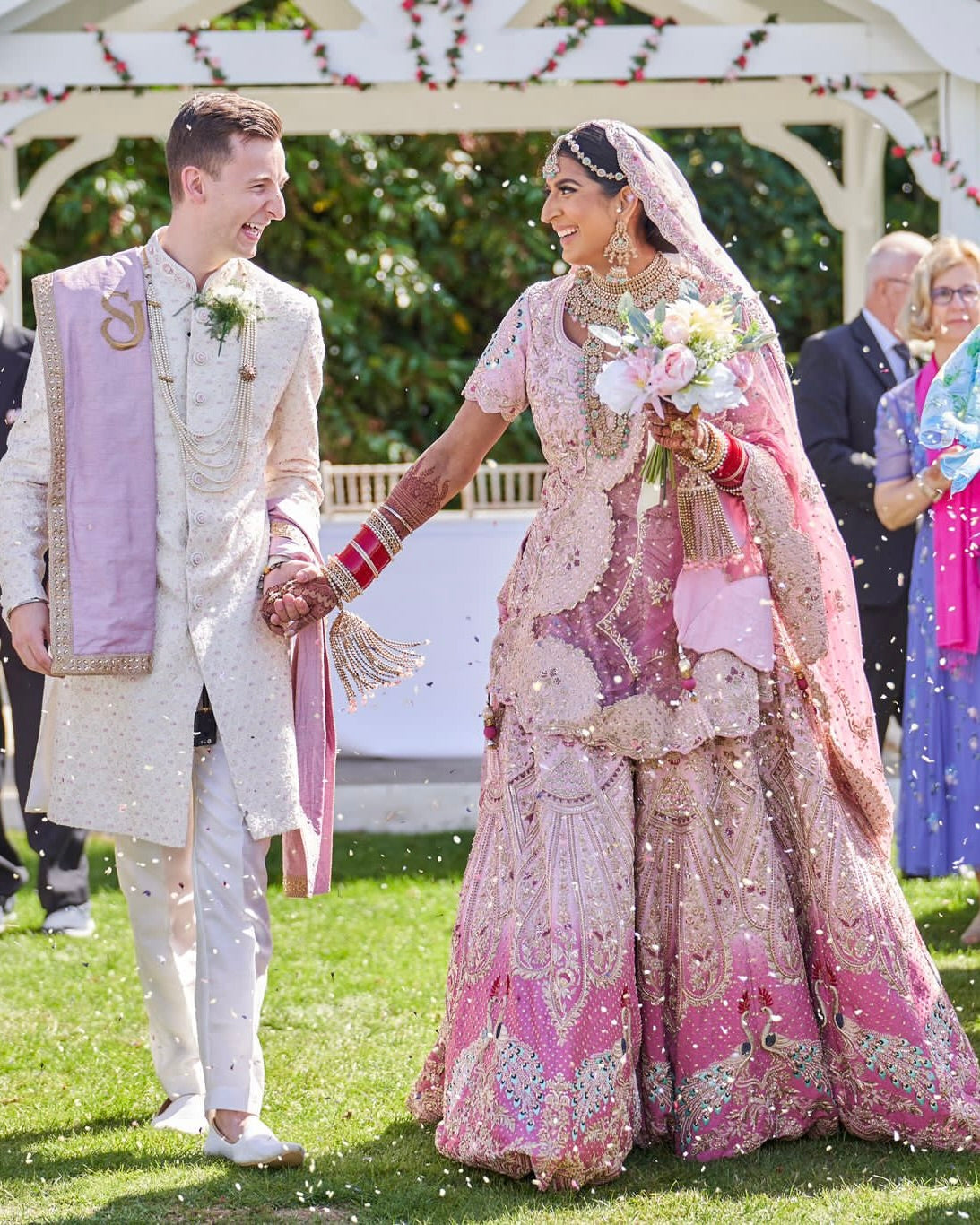 Sherni London two tone peacock hand embroidered bridal lehenga with statement dupatta. Indian Bride. Multicultural wedding.