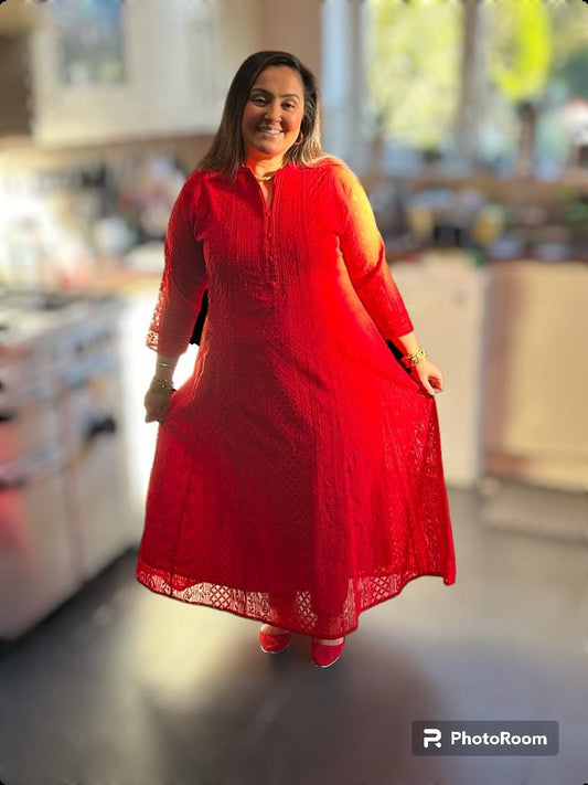 Red Chikankari A-Line Kurti Sizes 8-22