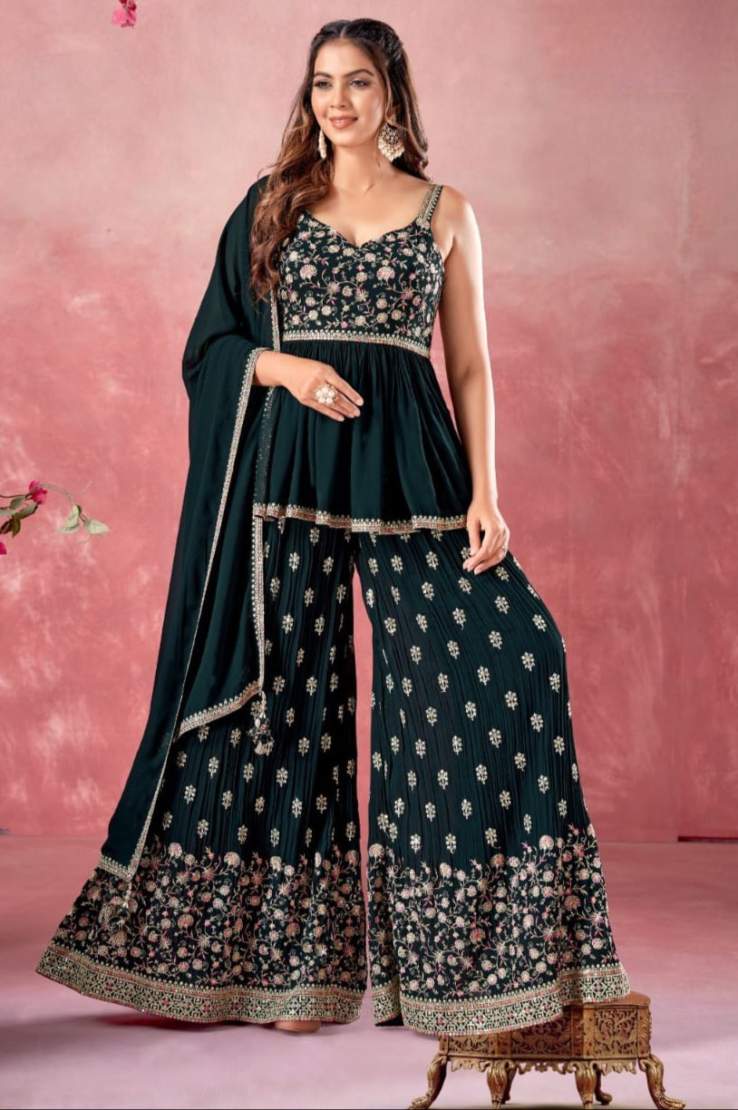 Sherni London dark green georgette peplum sharara set full gold embroidery with pink threadwork and chiffon dupatta size 10 to 12 