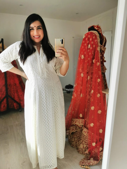 Cream Chikankari A-Line Kurti Sizes 8-22