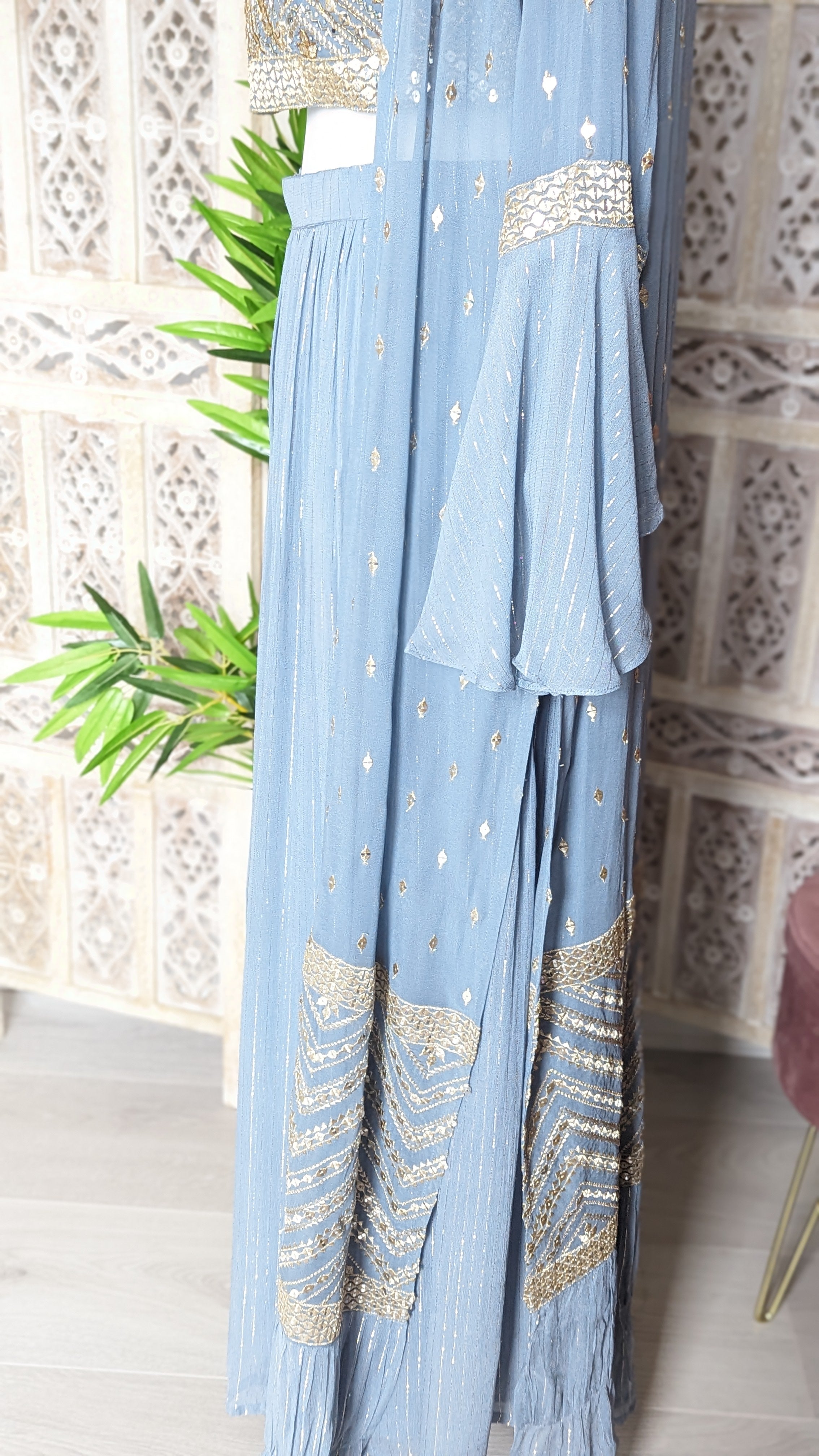 Grey/Blue Crop-Top Sharara with Embroidered Jacket. Indo-Western. Size 42 (UK 12-14)