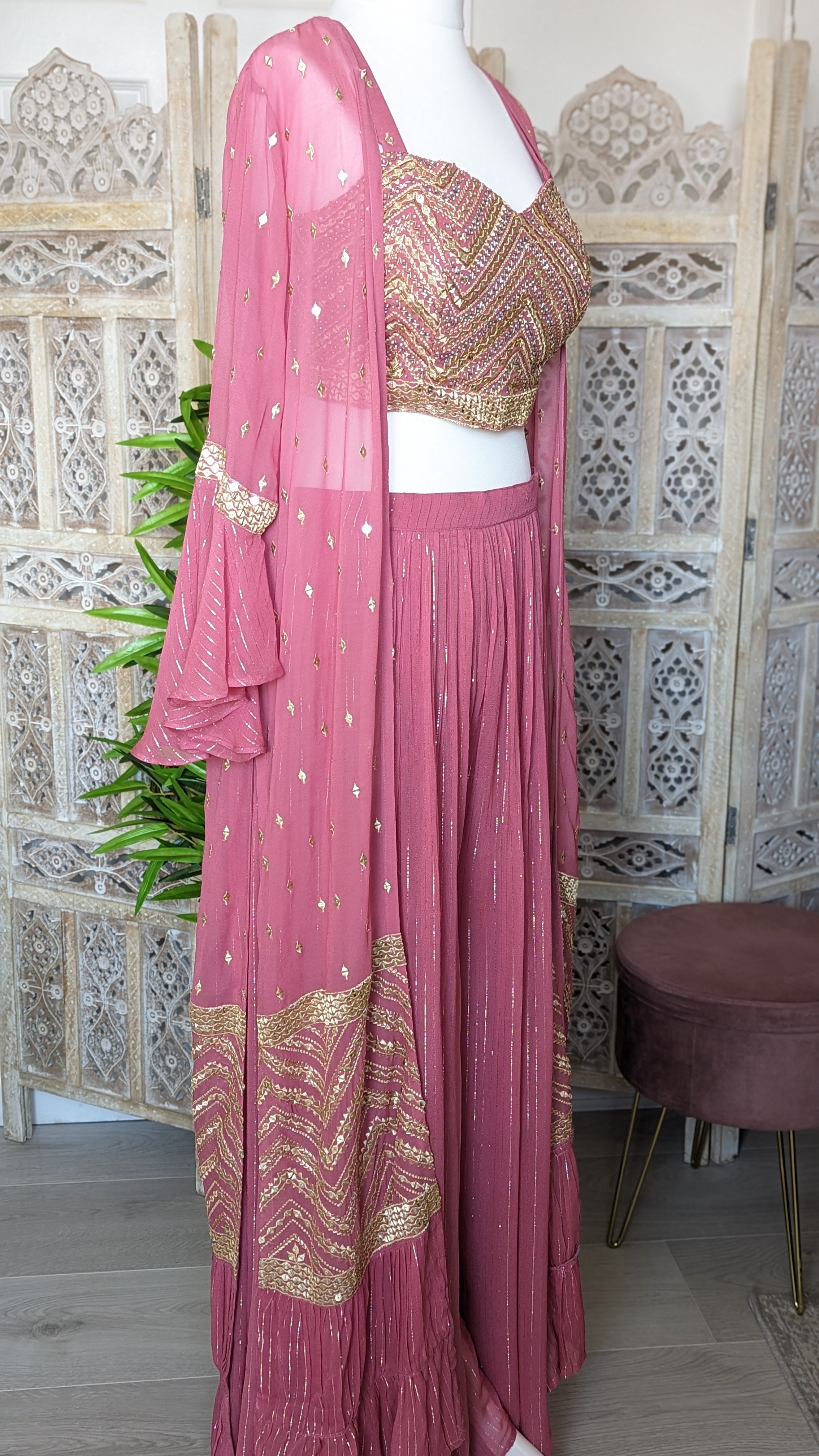 Peach Crop-Top Sharara with Embroidered Jacket. Indo-Western. Size 42 (UK 12-14)