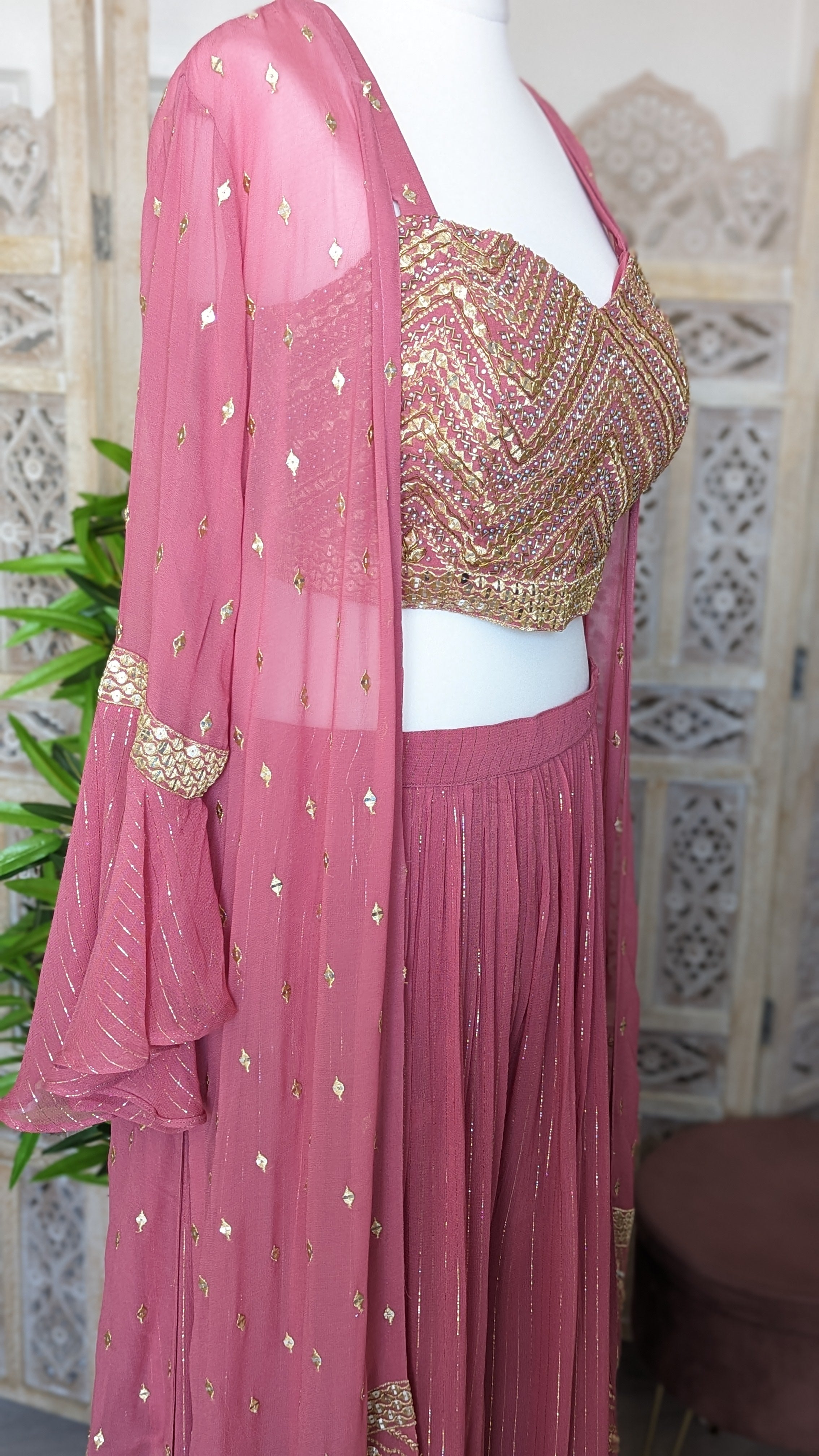 Peach Crop-Top Sharara with Embroidered Jacket. Indo-Western. Size 42 (UK 12-14)