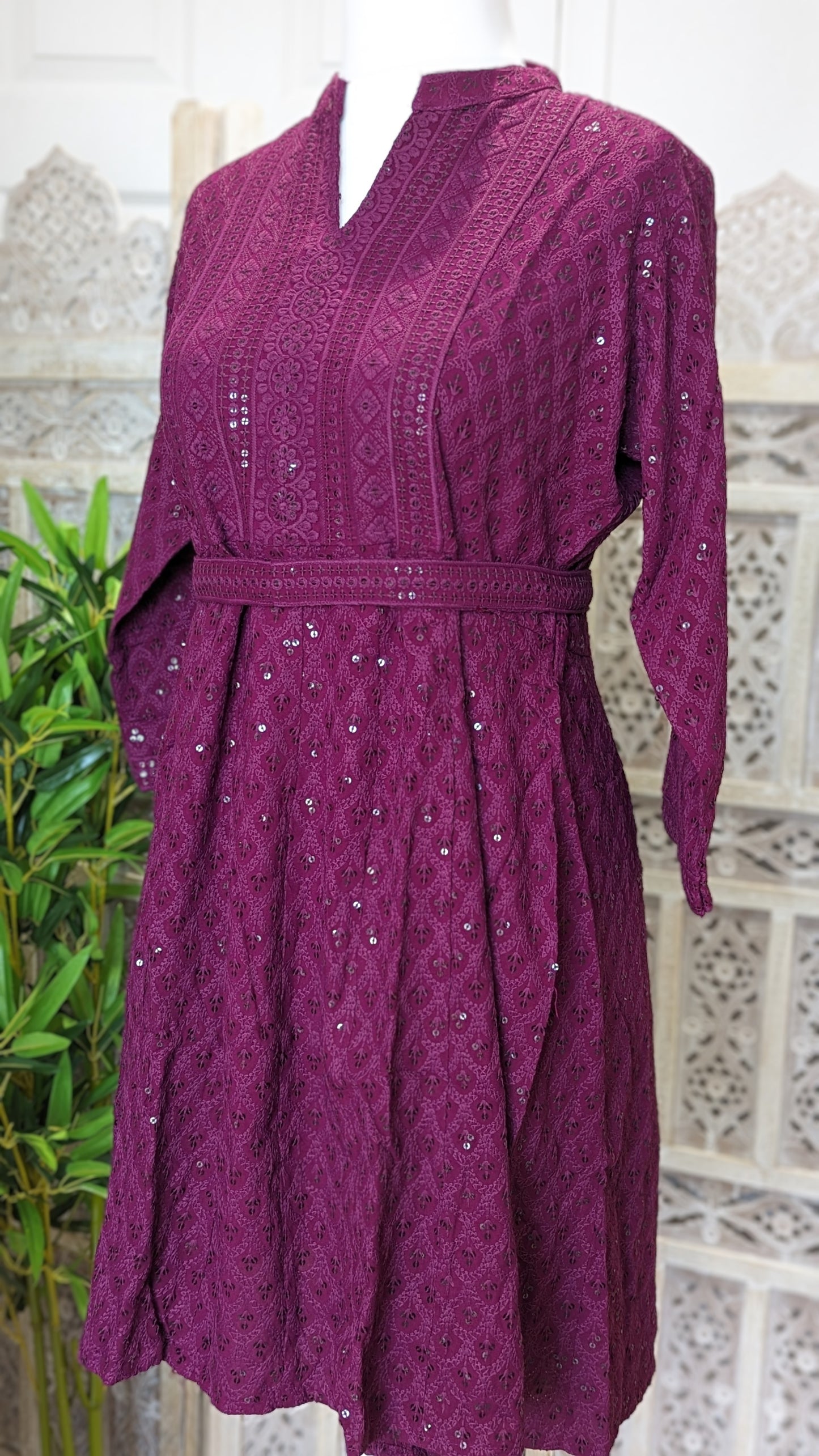 Burgundy Short Belted Chikankari Kurti