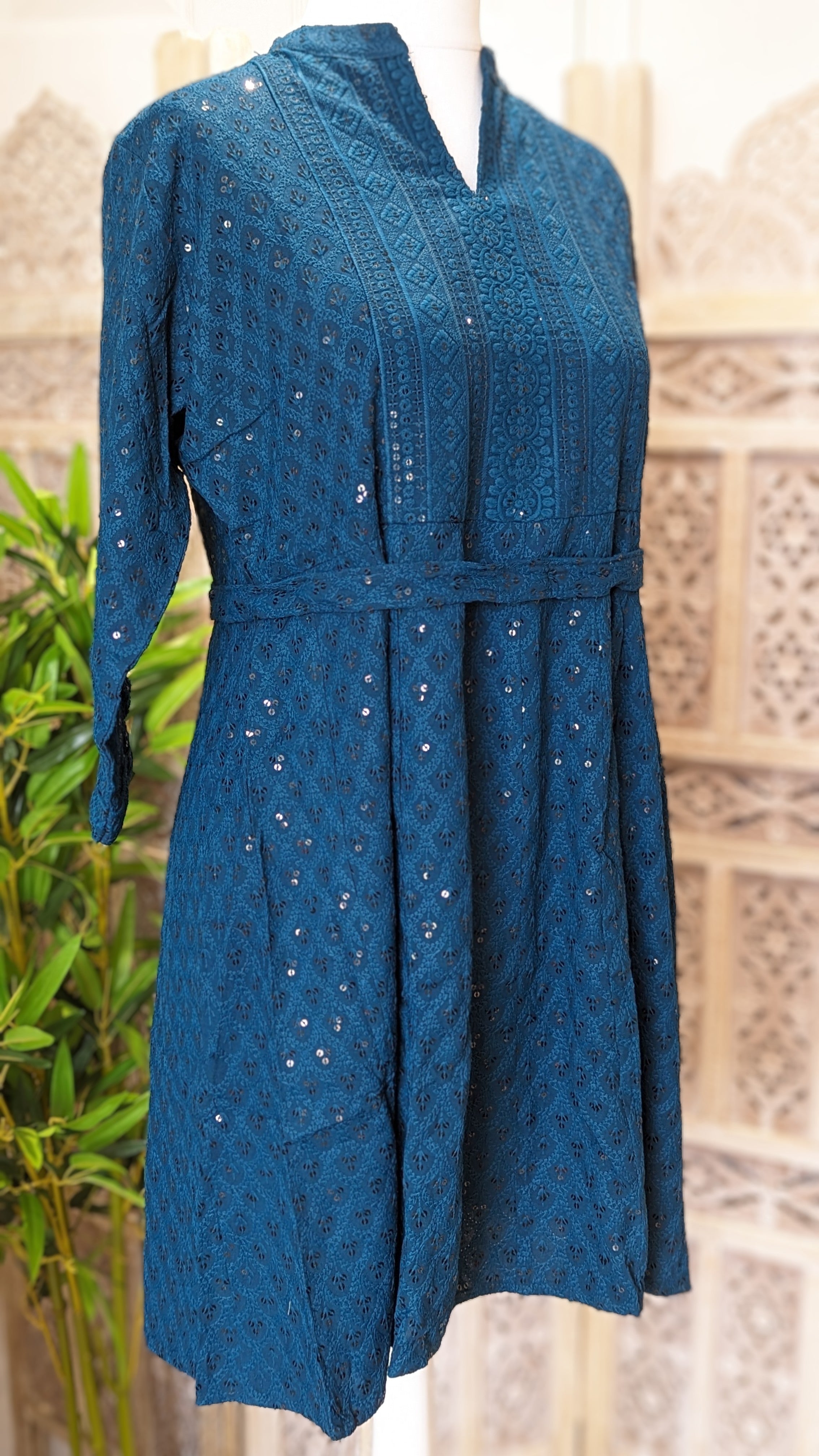 Teal Short Belted Chikankari A-Line Kurti