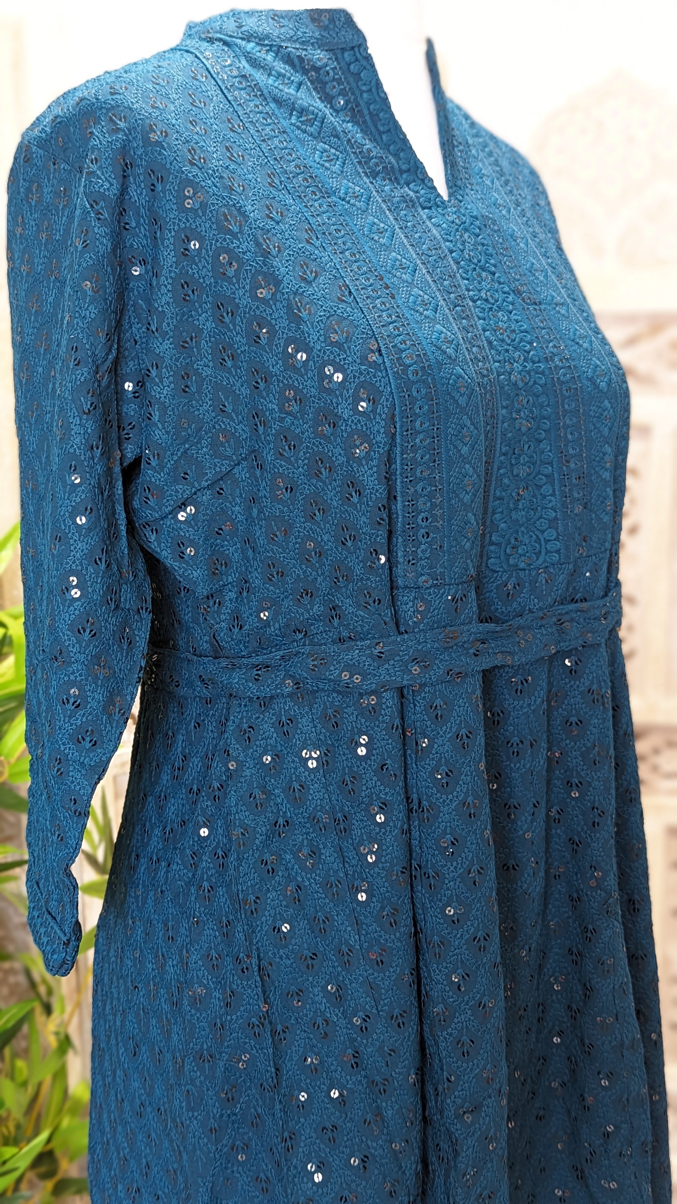 Teal Short Belted Chikankari A-Line Kurti