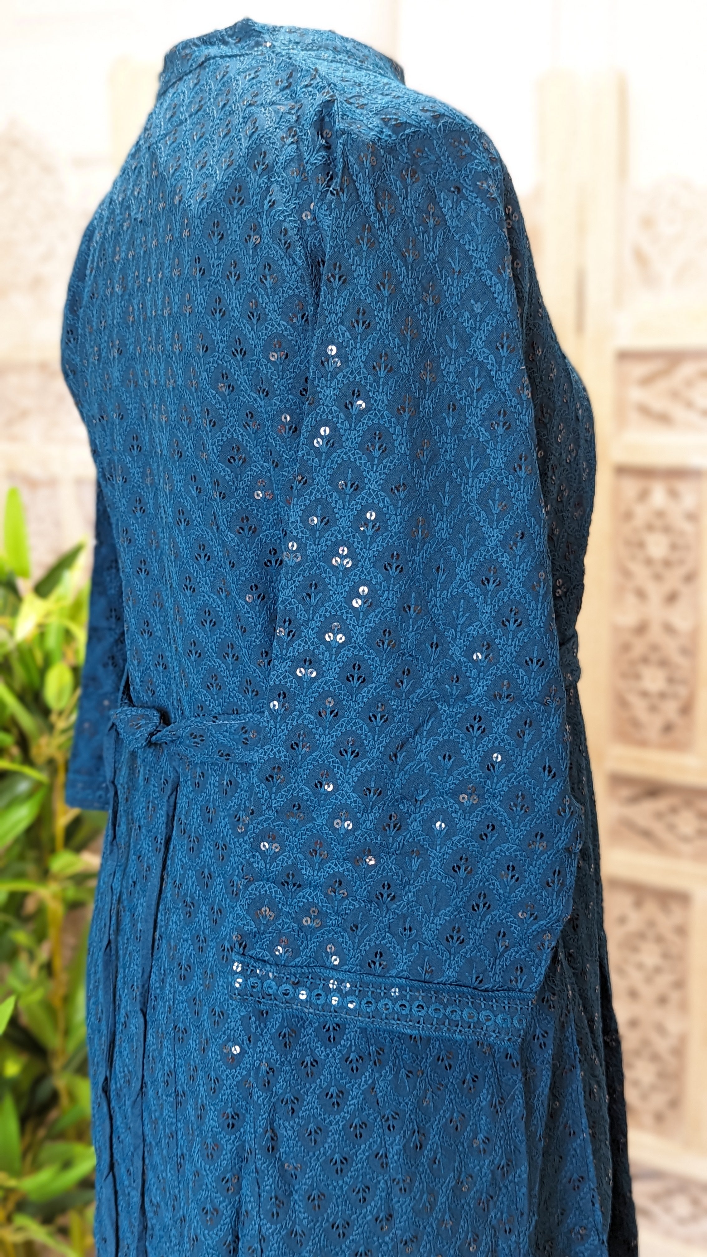 Teal Short Belted Chikankari A-Line Kurti