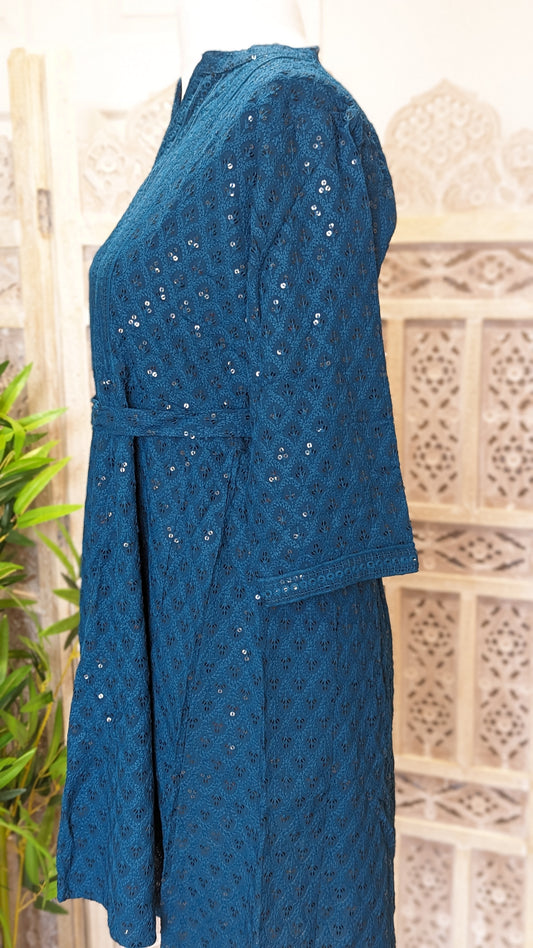 Teal Short Belted Chikankari A-Line Kurti