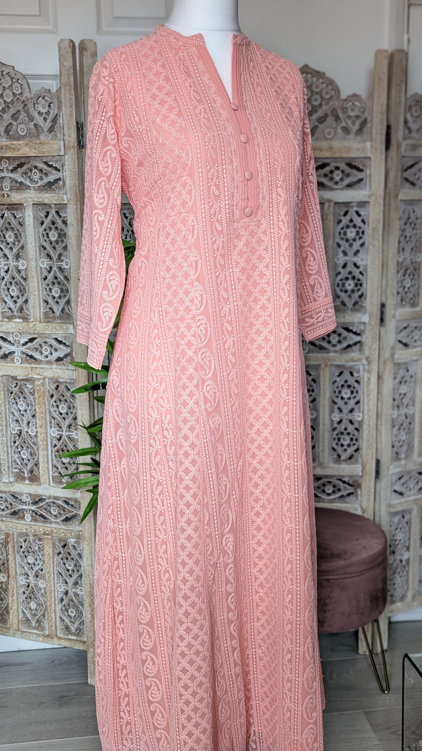 Peach Chikankari A-Line Kurti Sizes 8-22