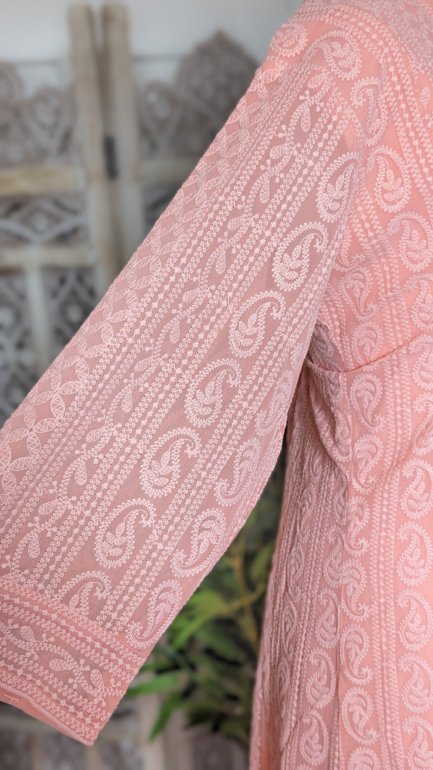 Peach Chikankari A-Line Kurti Sizes 8-22