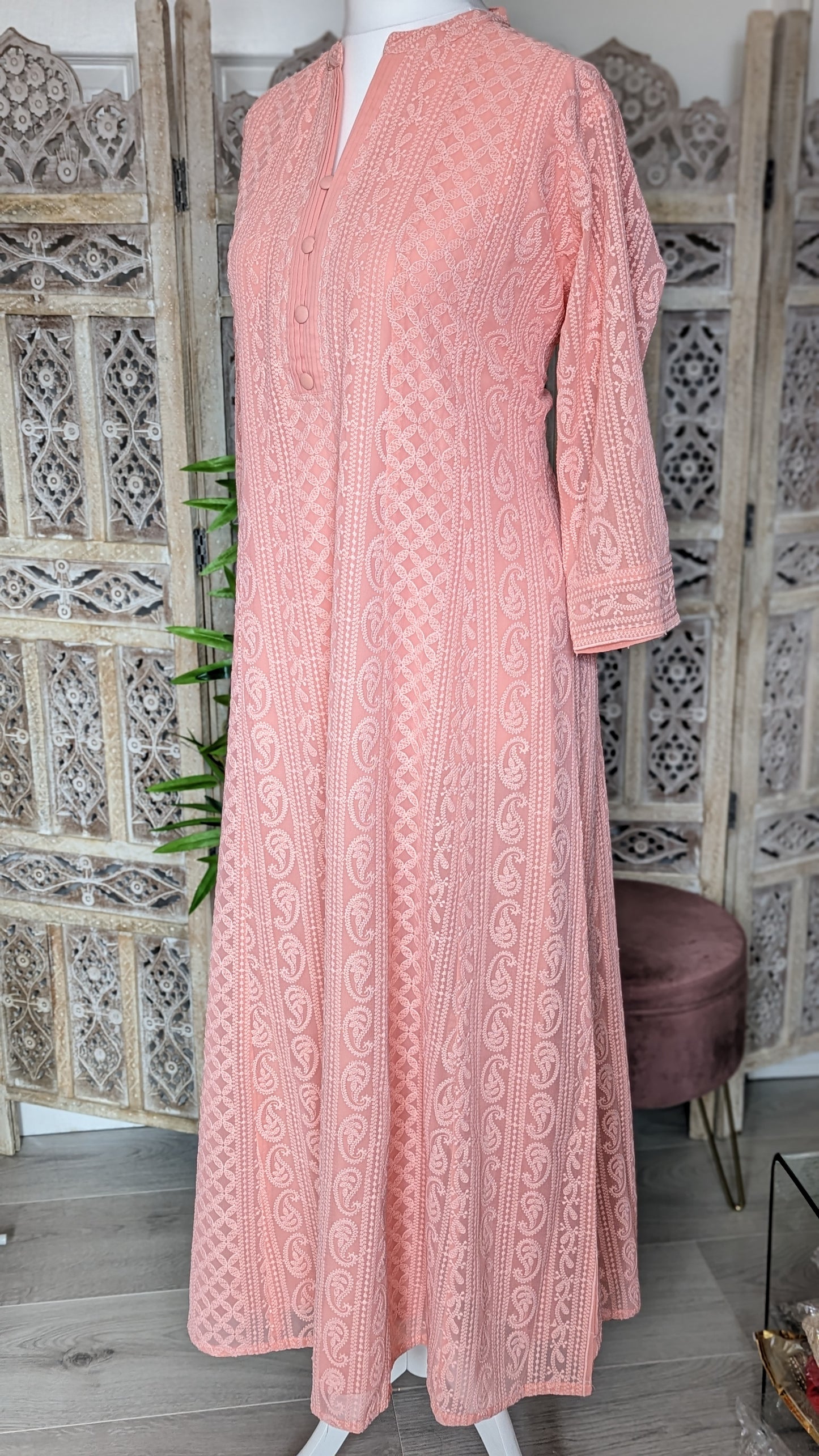 Peach Chikankari A-Line Kurti Sizes 8-22