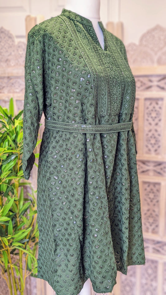 Olive Short Belted Chikankari A-Line Kurti
