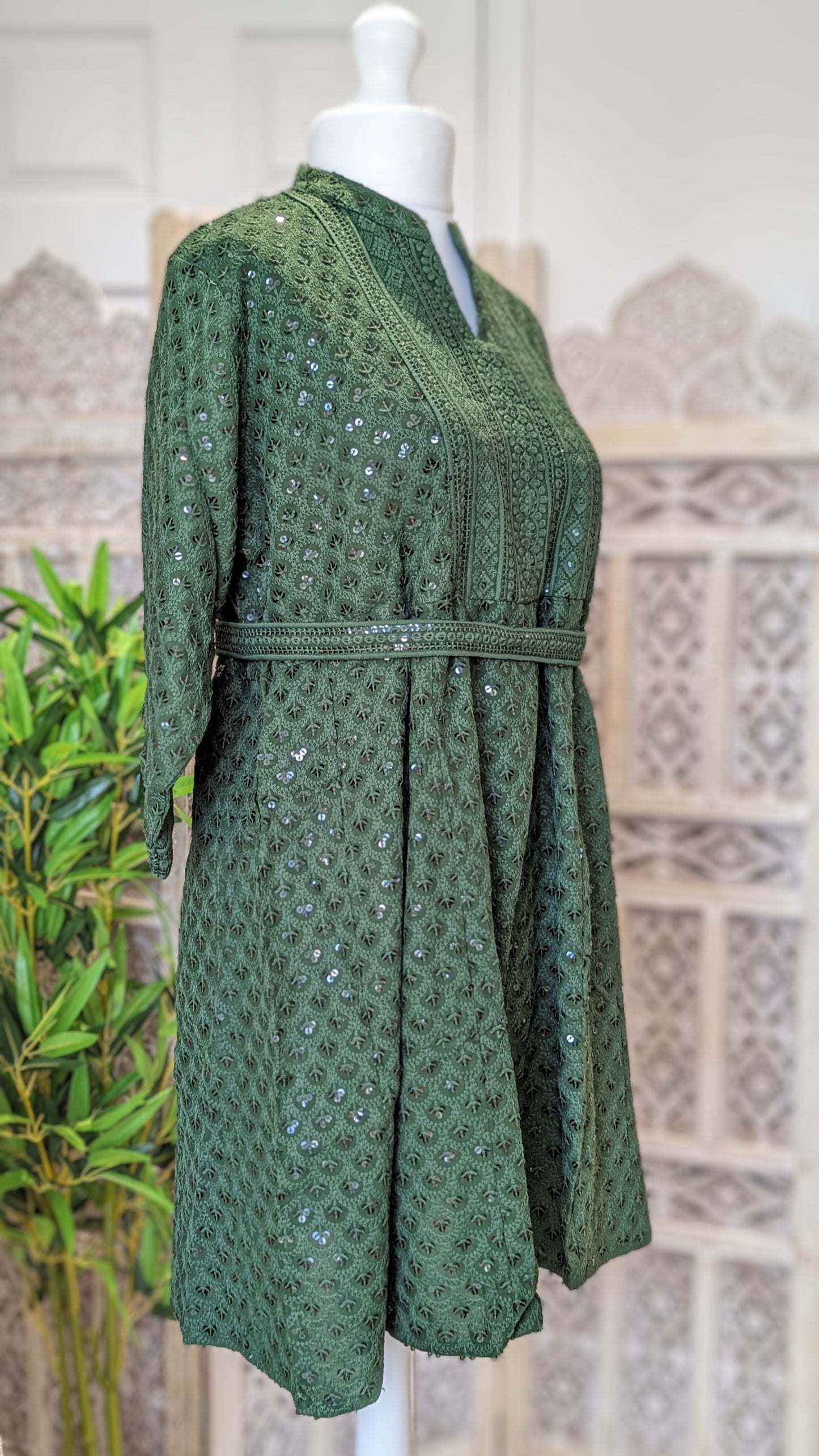 Olive Short Belted Chikankari A-Line Kurti