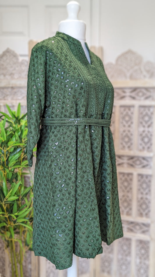 Olive Short Belted Chikankari A-Line Kurti