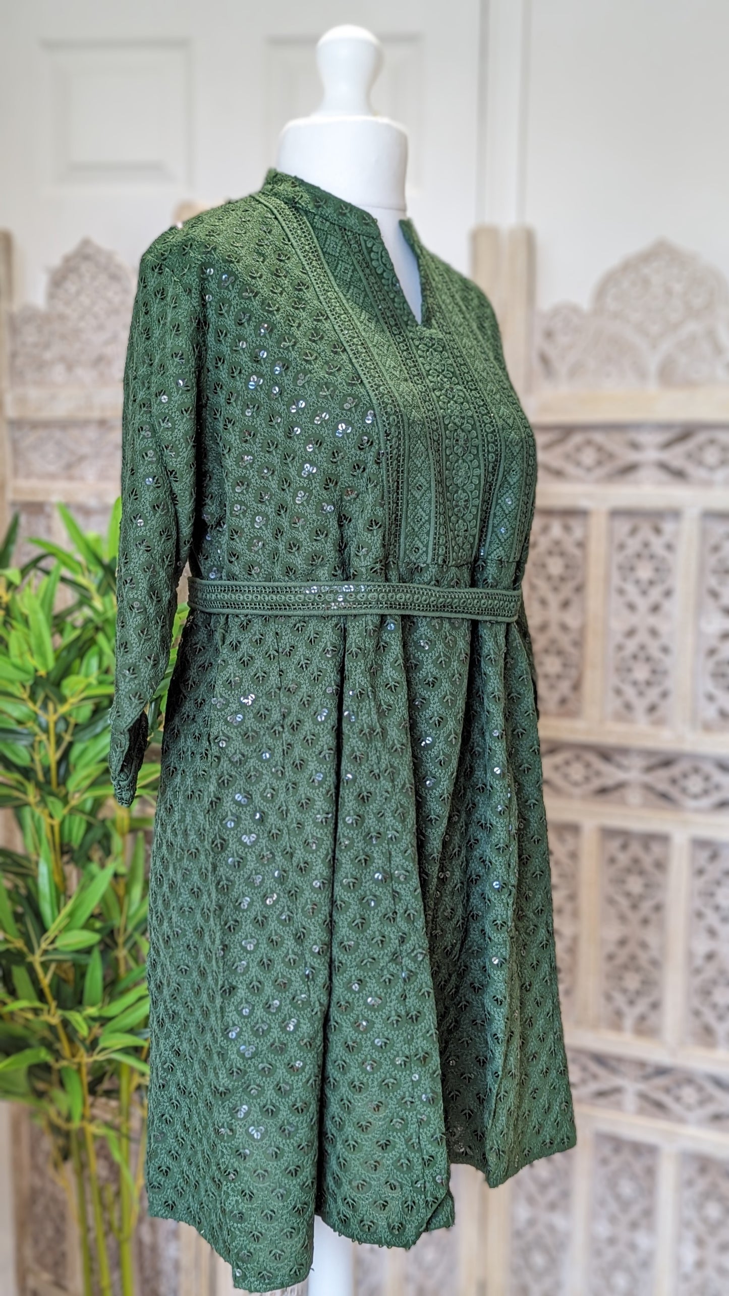 Olive Short Belted Chikankari A-Line Kurti