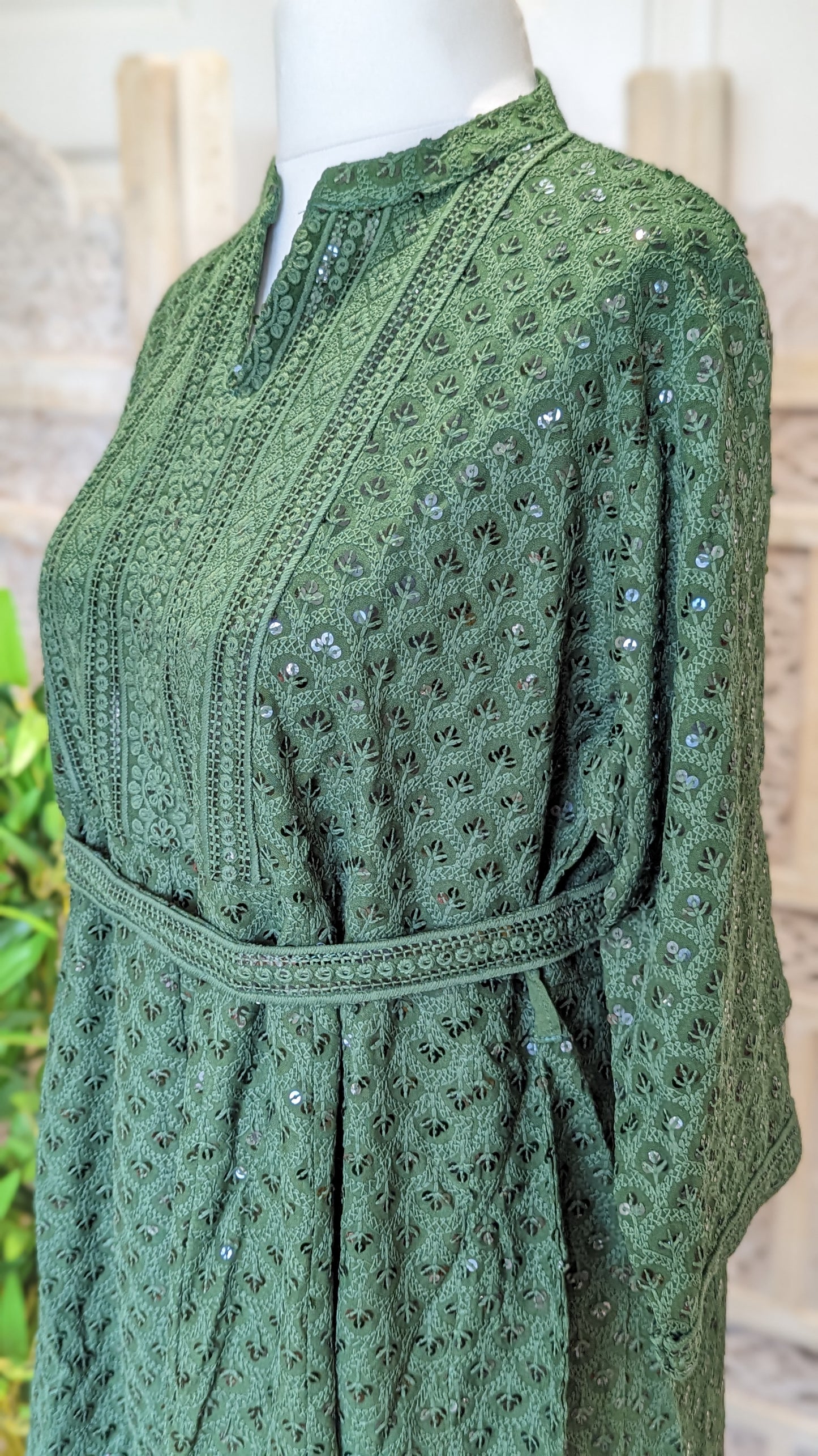 Olive Short Belted Chikankari A-Line Kurti