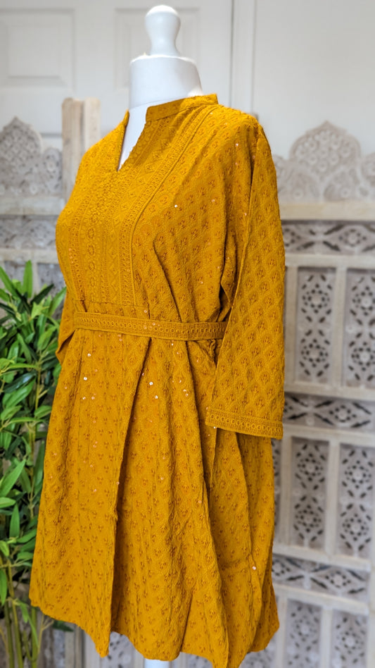Yellow Short Belted Chikankari A-Line Kurti