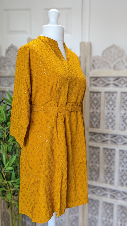 Yellow Short Belted Chikankari A-Line Kurti