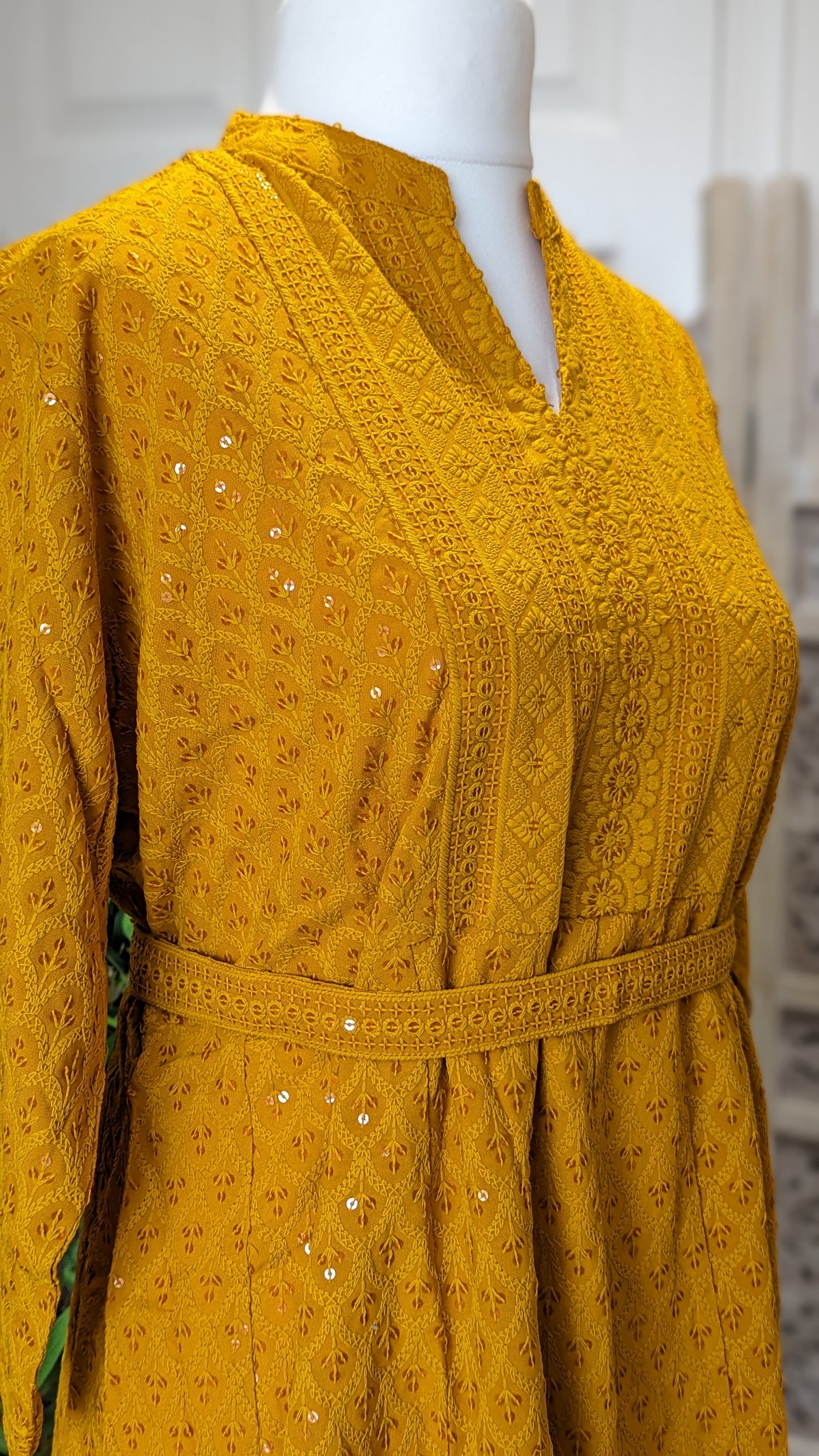 Yellow Short Belted Chikankari A-Line Kurti