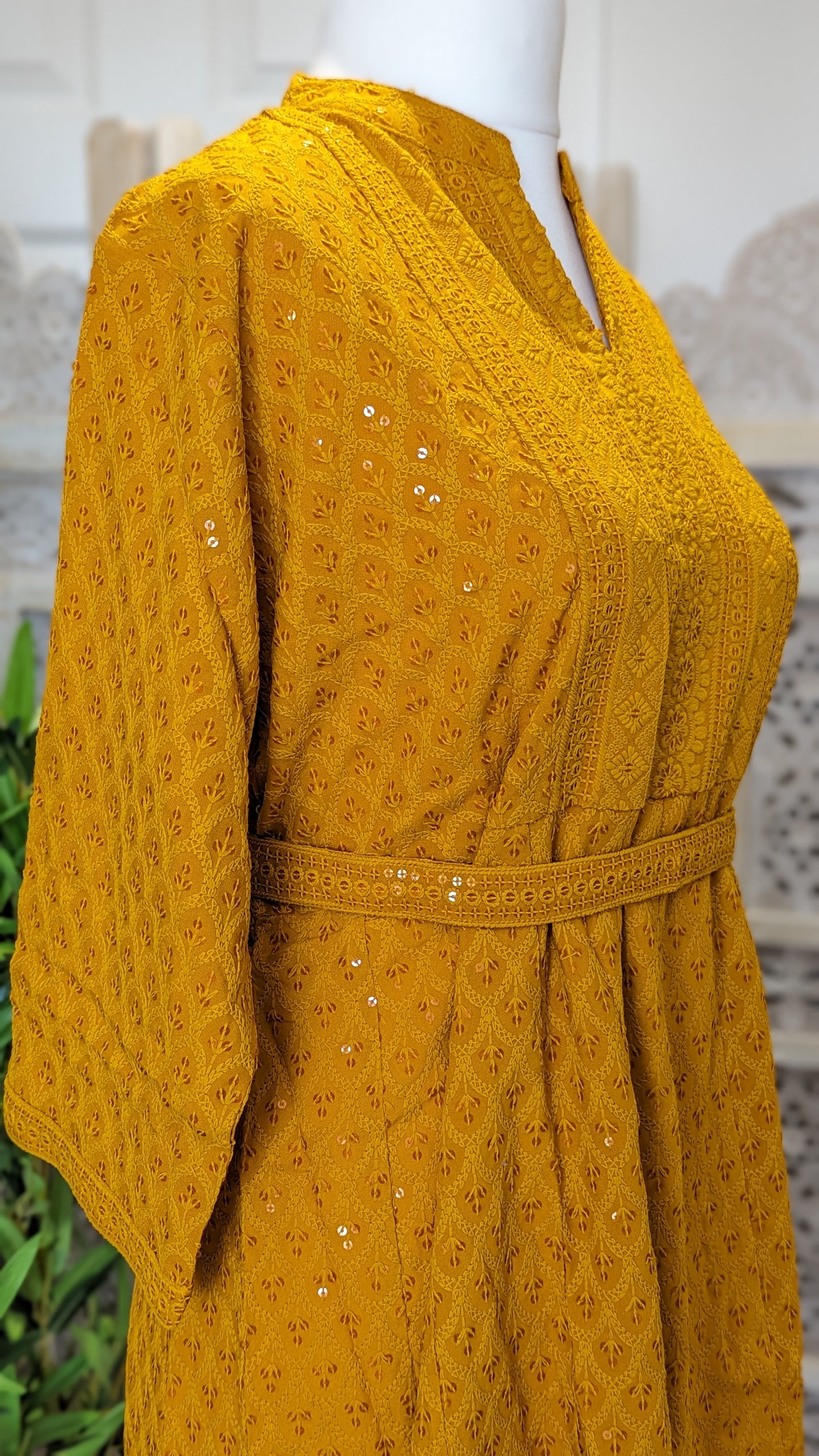 Yellow Short Belted Chikankari A-Line Kurti