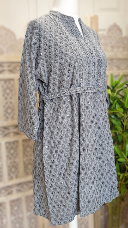 Grey Short Belted Chikankari A-Line Kurti
