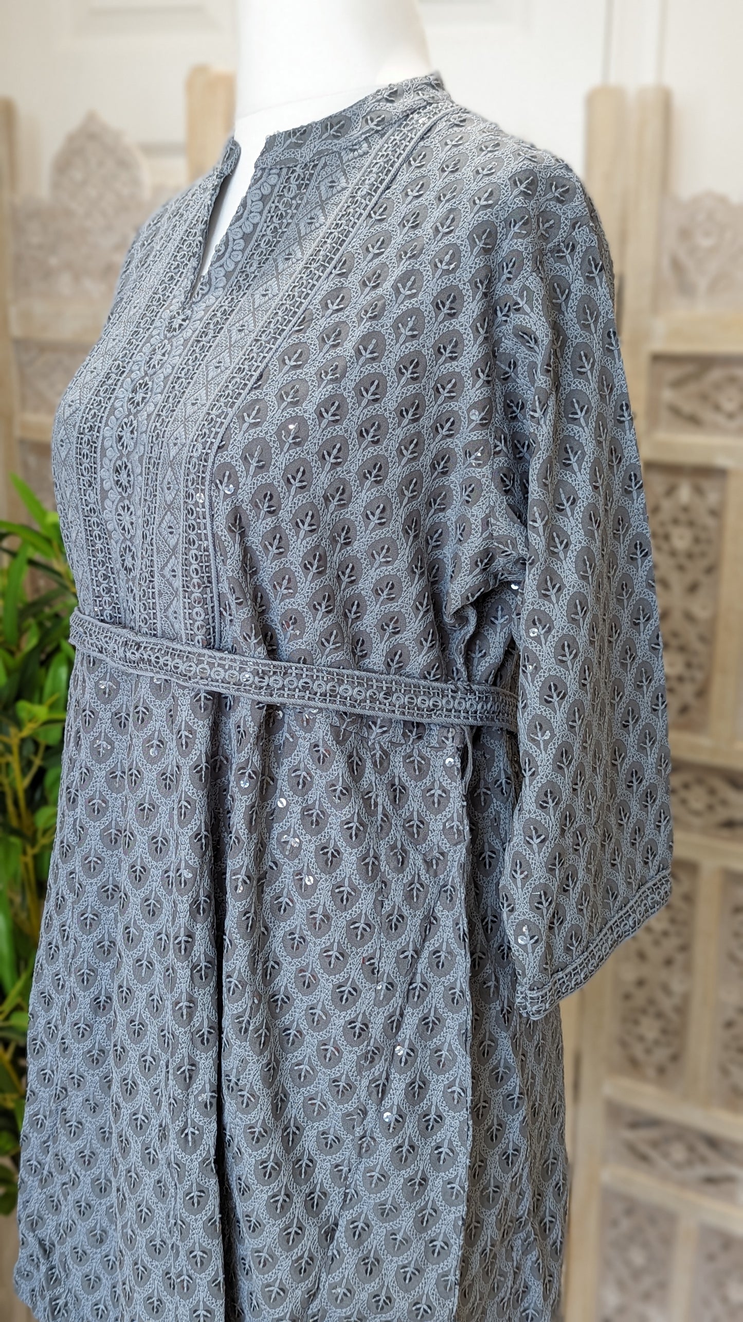 Grey Short Belted Chikankari A-Line Kurti