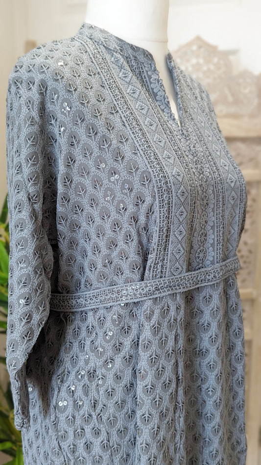 Grey Short Belted Chikankari A-Line Kurti