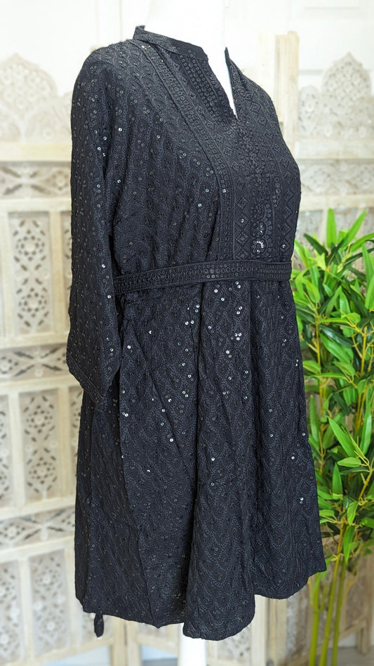 Black Short Belted Chikankari A-Line Kurti