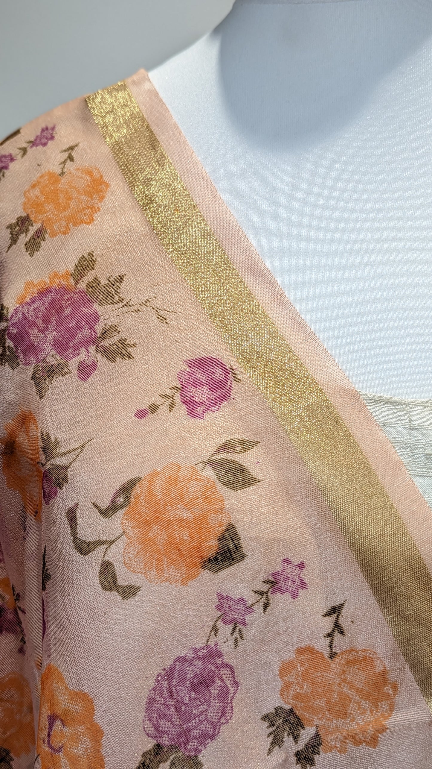 Chanderi Peach Floral Print Dupatta / Shawl