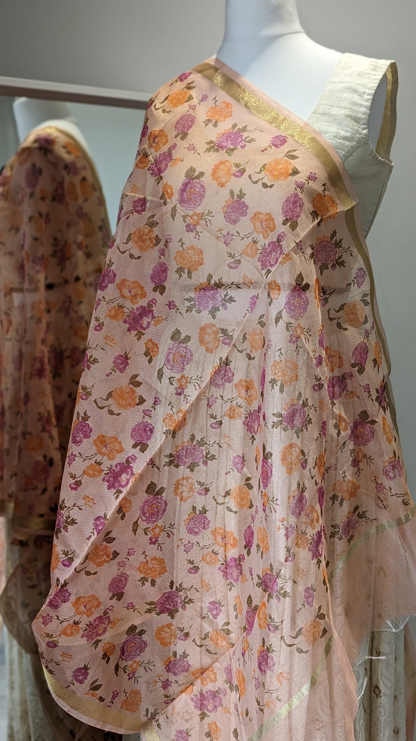 Chanderi Peach Floral Print Dupatta / Shawl
