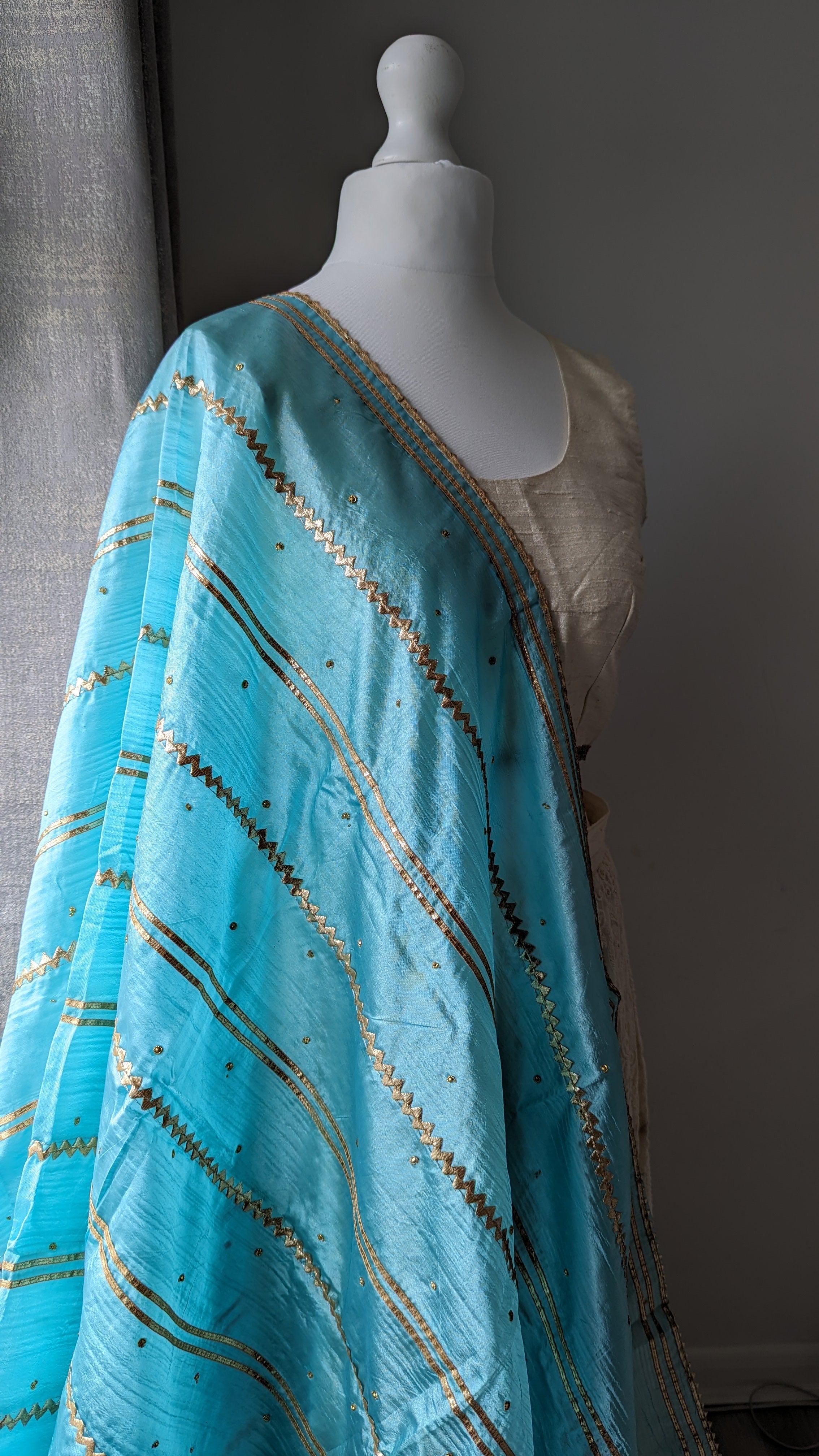 Blue Silk Dupatta (Shawl) with Gota Embroidery