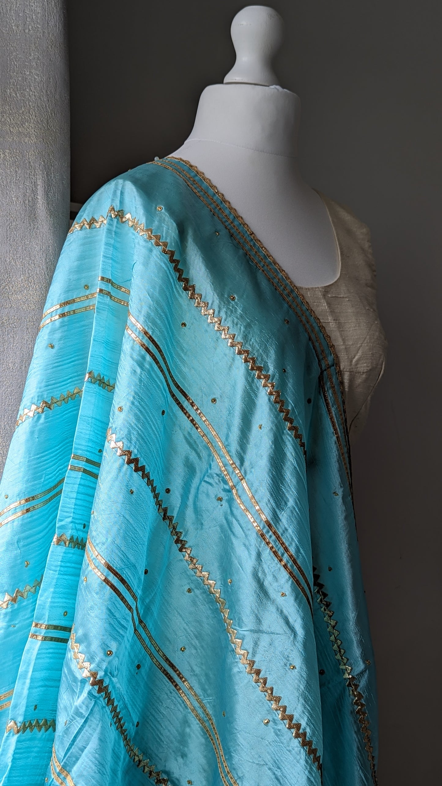 Blue Silk Dupatta (Shawl) with Gota Embroidery
