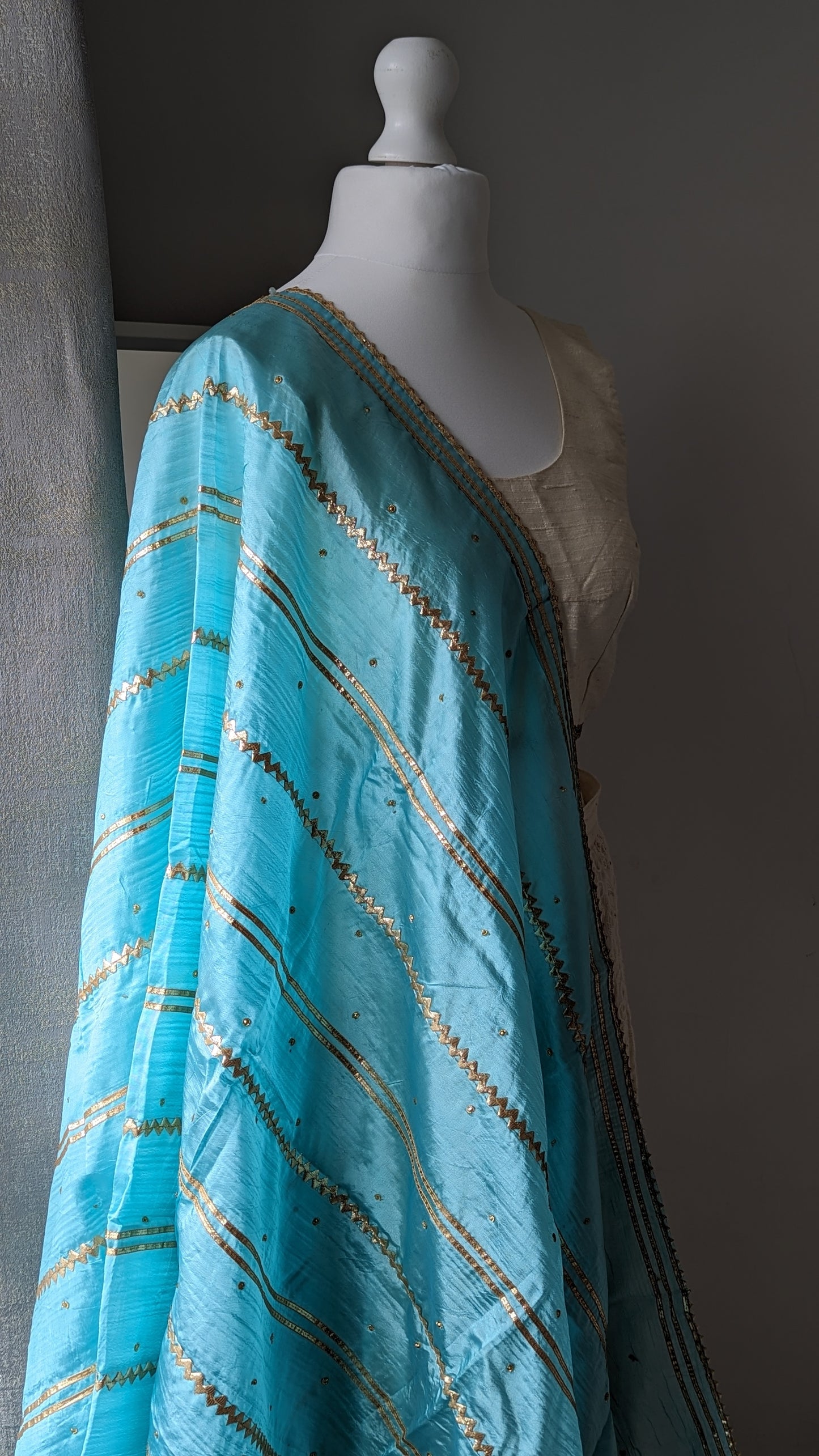 Blue Silk Dupatta (Shawl) with Gota Embroidery