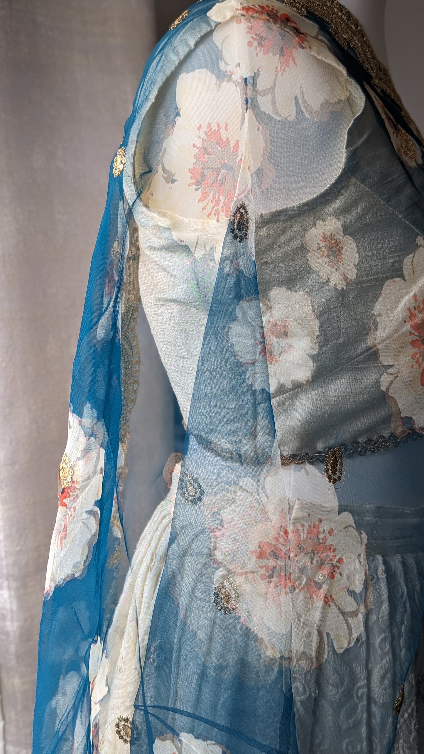 Organza Floral Dupatta / Shawl - Teal