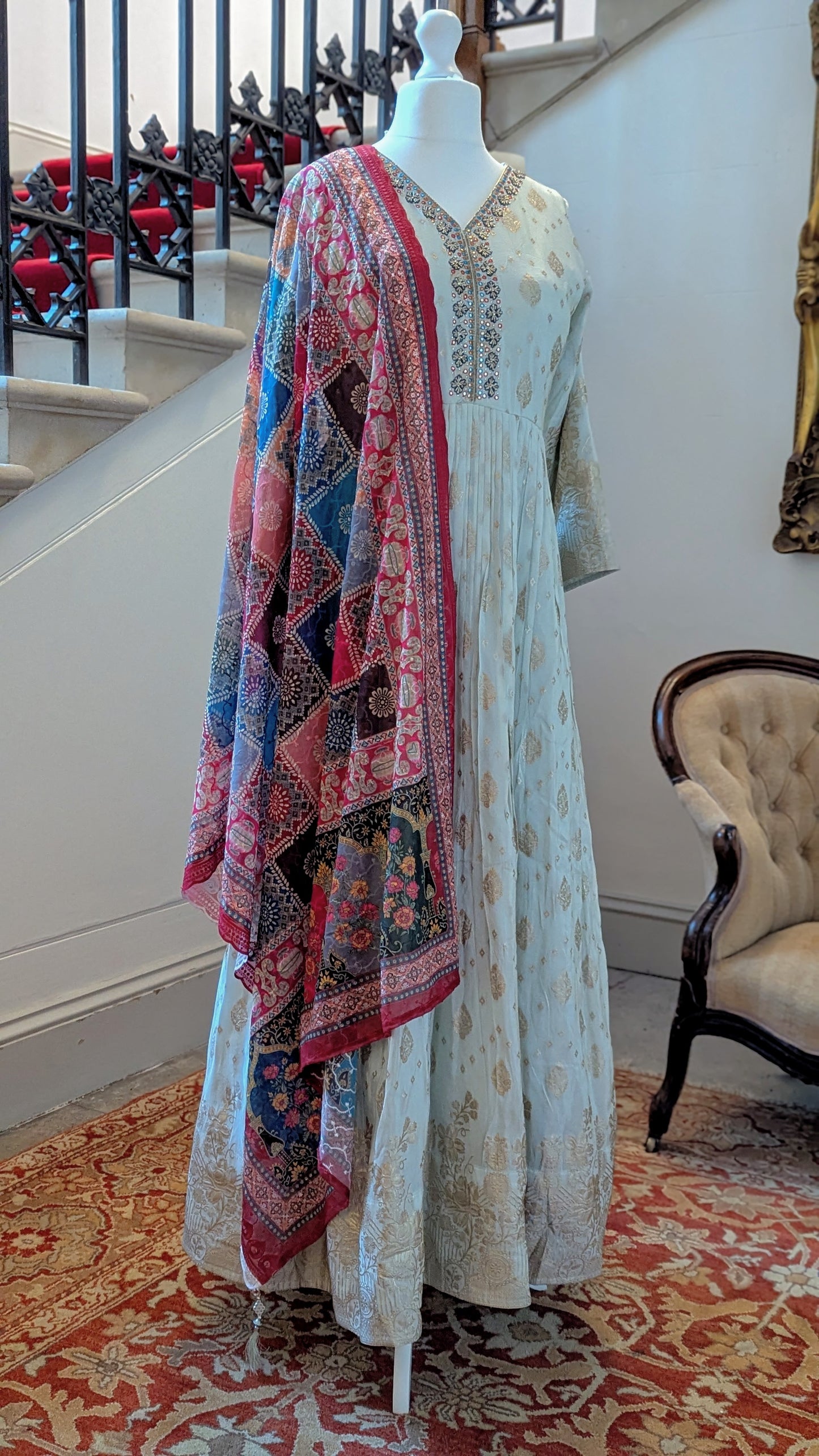 Light sage gown with gold weave and contrast dupatta (14-16)